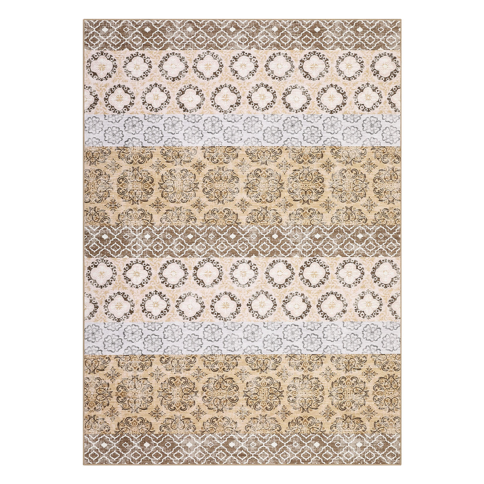 Qeetex LSN-PHK-343NVLER 9 x 12 ft Polyester Pearl Velvet Dark Brown Rectangular Hallway Bathroom Entryway Kitchen Office Foldable Flower Printed Bohemian Washable Area Rug