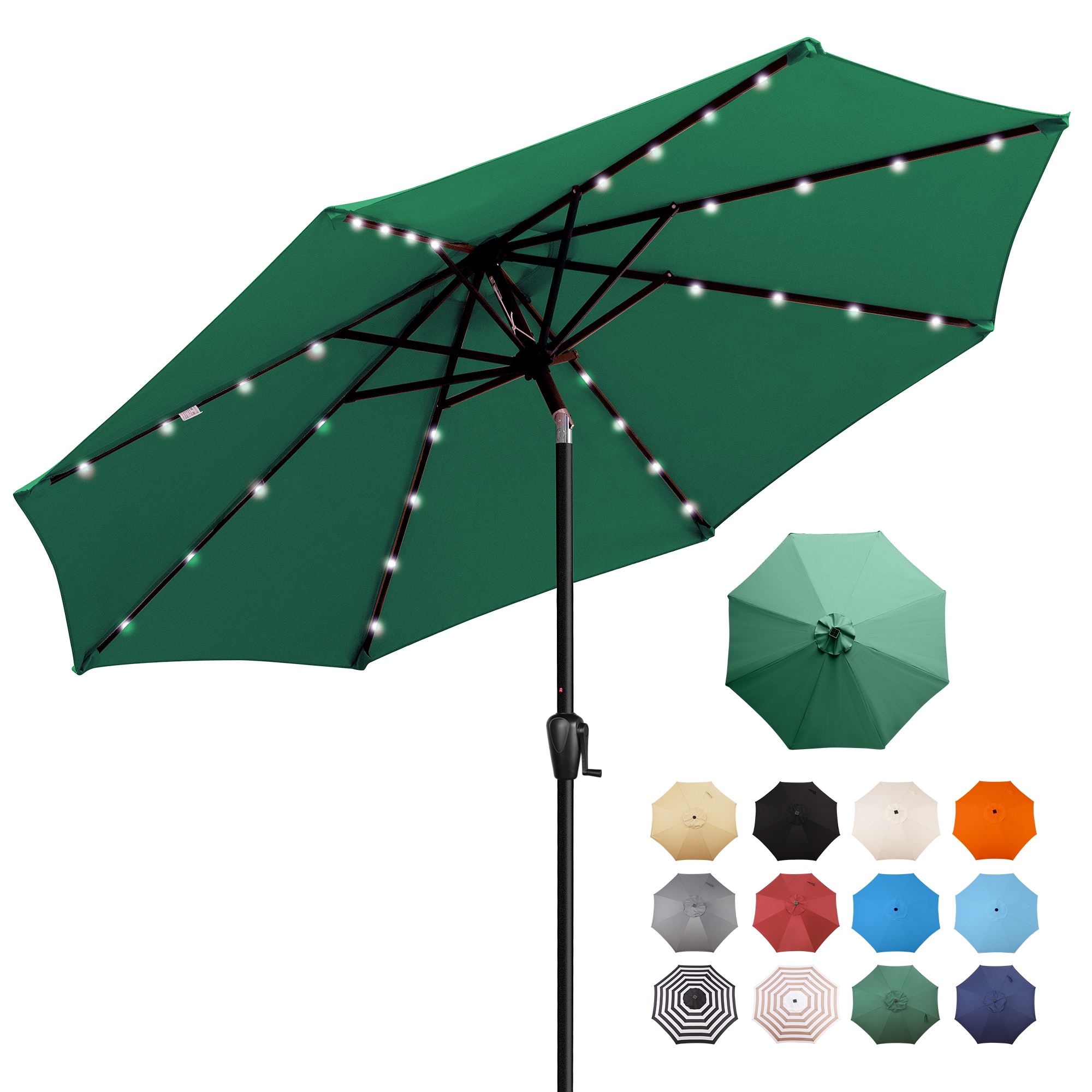 Sun-Ray 8L1003 8.85-ft Steel Green Push-button Tilt Market Patio Umbrella with Lights