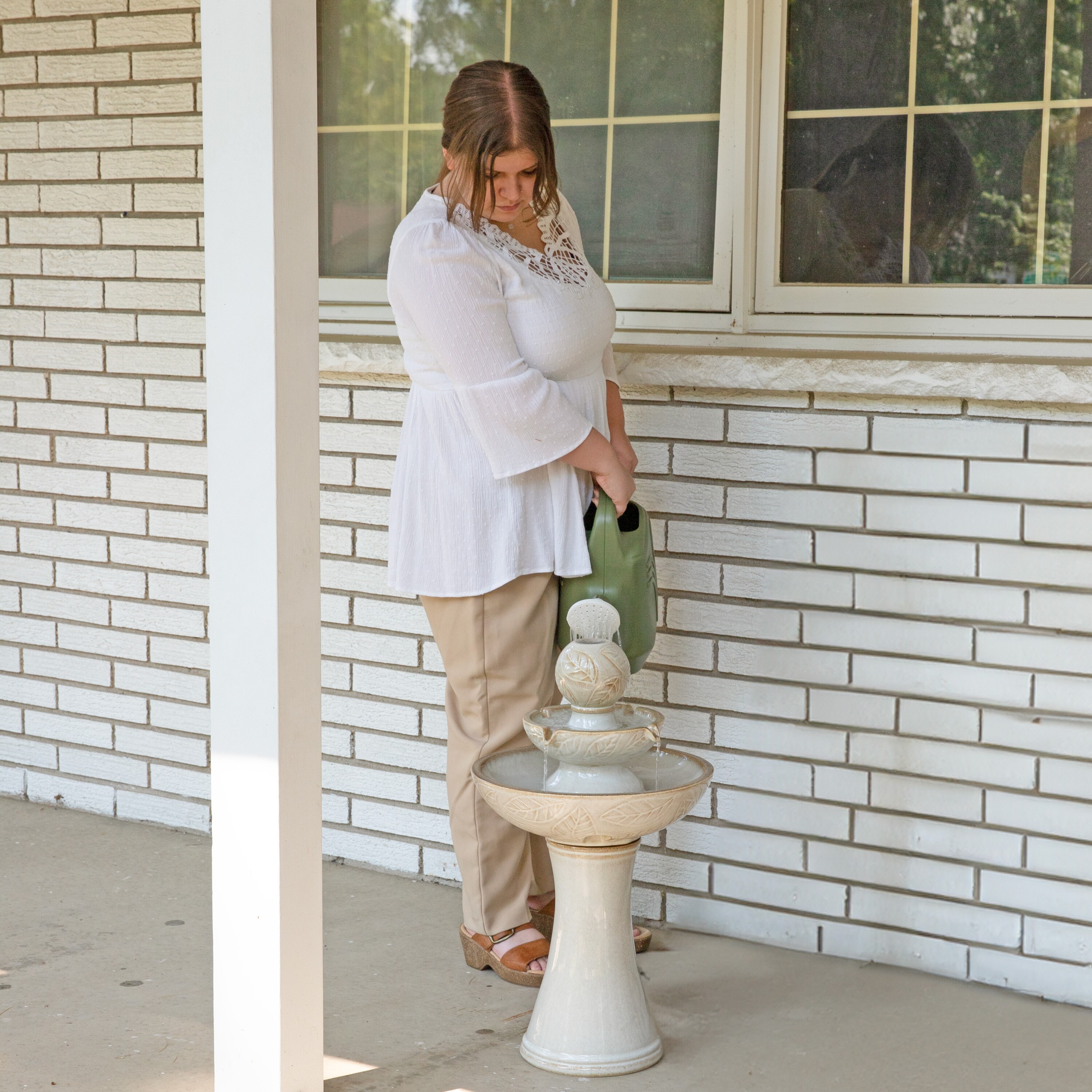 Off-White Ceramic 2-Tier Outdoor Fountain with LED Lights