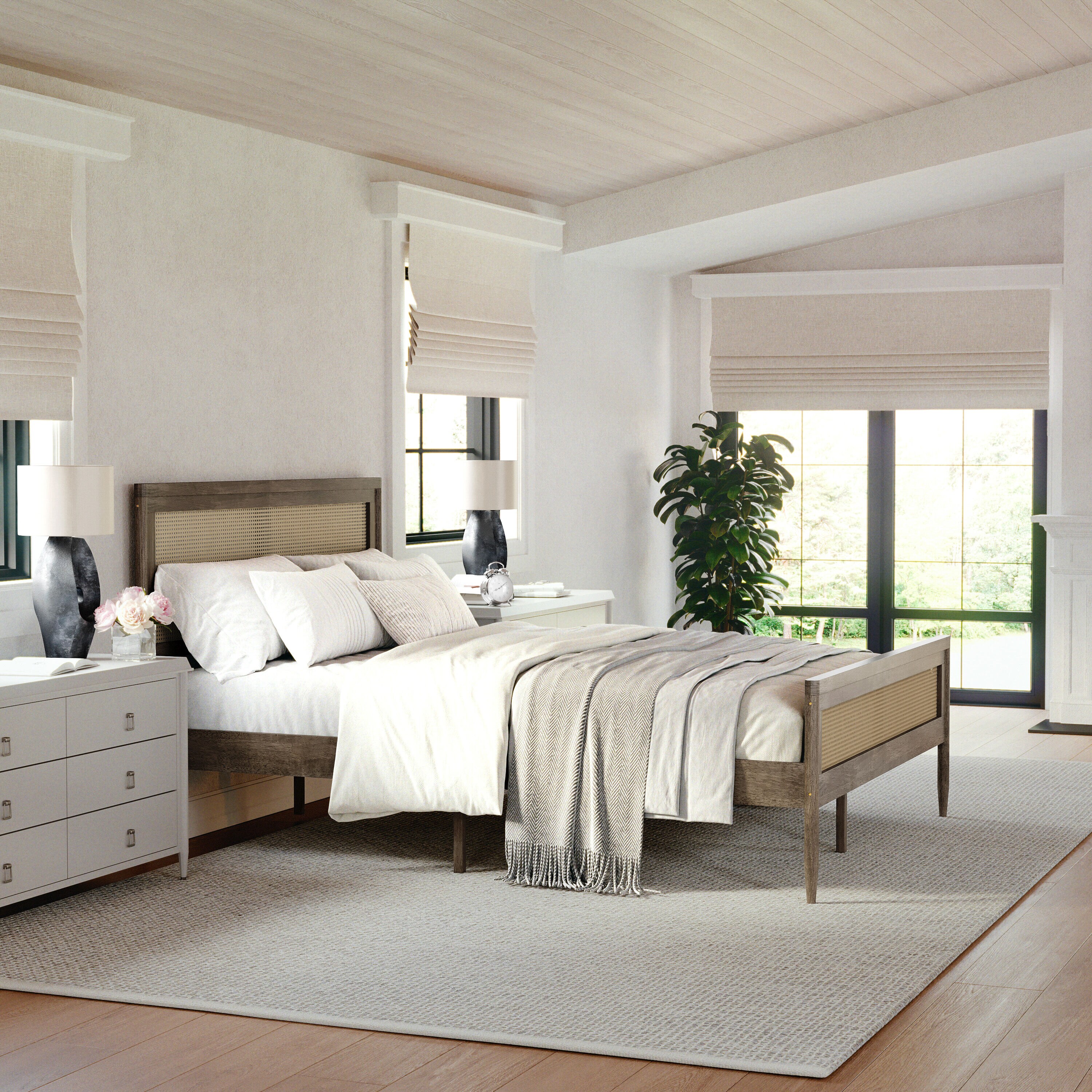 Brown Gray Queen Wood Platform Bed with Rattan Headboard and Footboard