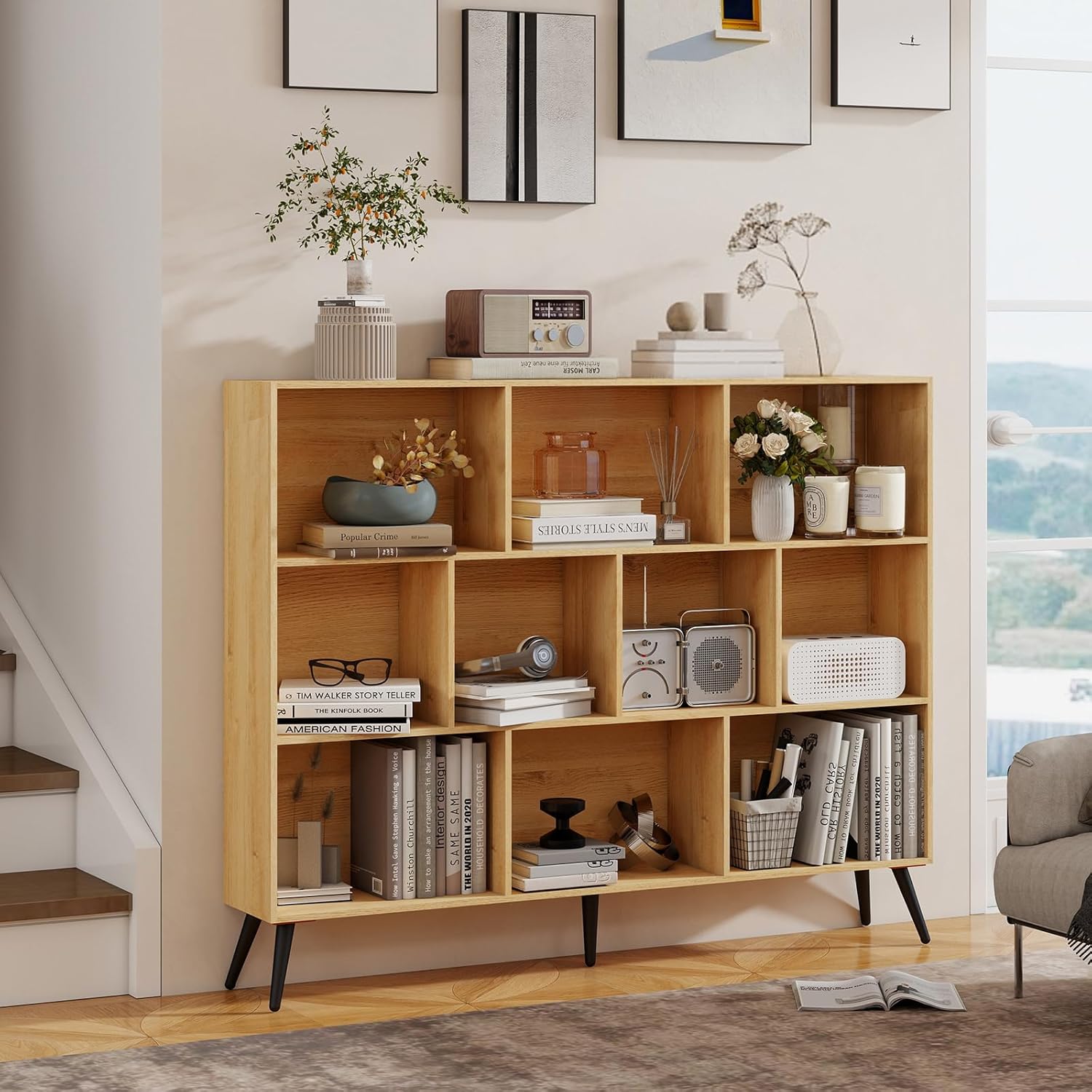 Edwards LHD916-PHK-34EMMAKW 3 Tier Wooden Open Shelf Bookcase 10 Cubes Bookshelf Freestanding Book Shelf Storage Organizer with 5 Iron Legs for Home Office Wood