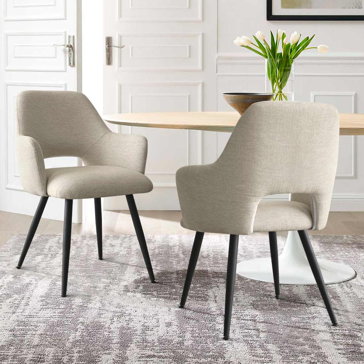 Maison Boucle EDWIN-ACHR-BEIGE Set of 2 Modern Beige Upholstered Dining Chairs with Arms Open Back and Metal Legs for Kitchen
