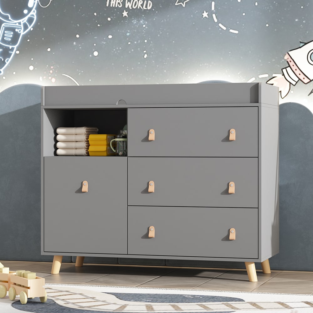 Homsee C-KF180079-04 Gray 4 Drawer Changing Table with Safety Rails and Open Shelf – Modern Nursery Dresser and Baby Storage Organizer with Anti Tip Kit