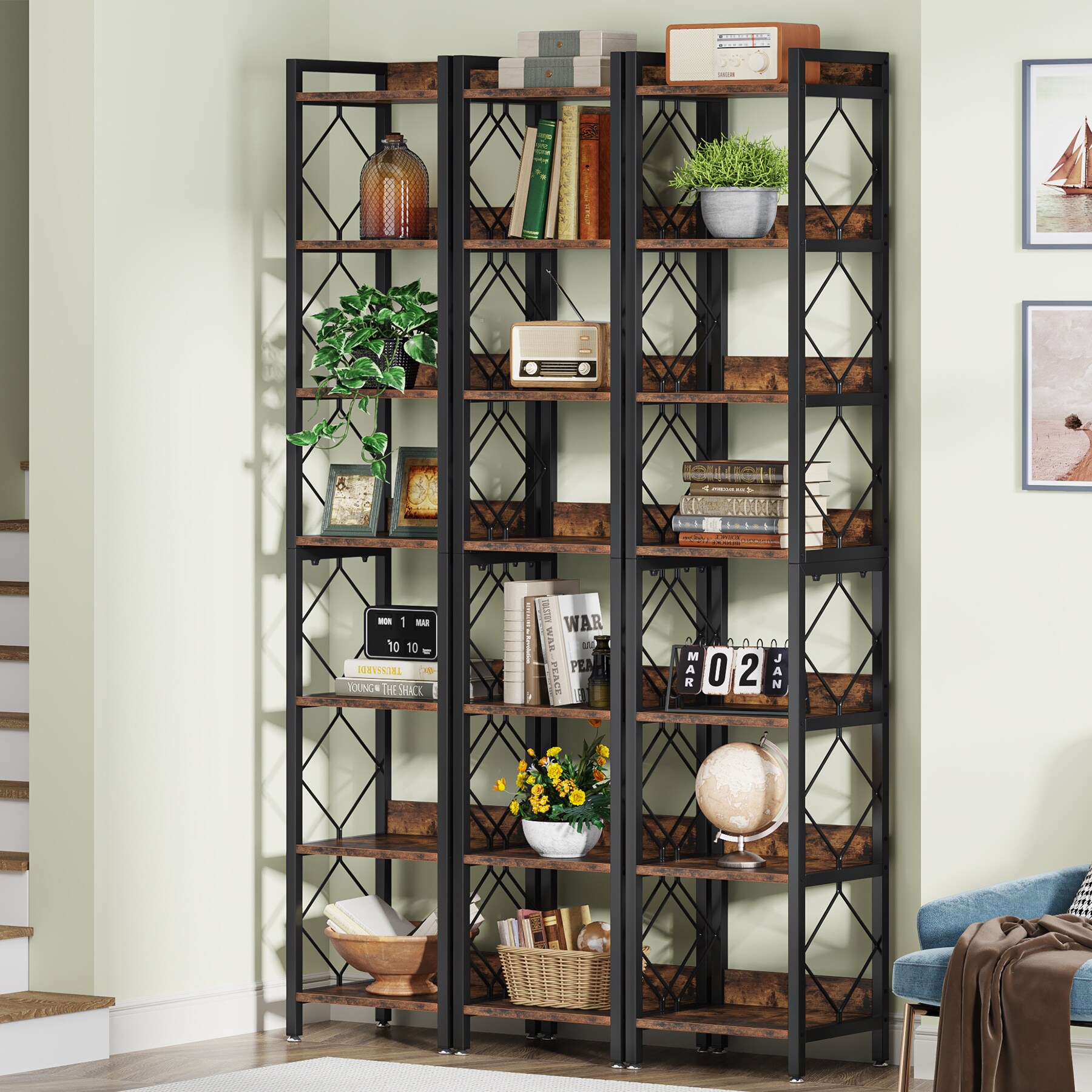 80.7 Double Wide 6-Shelf Bookcase Industrial Metal Storage Shelf