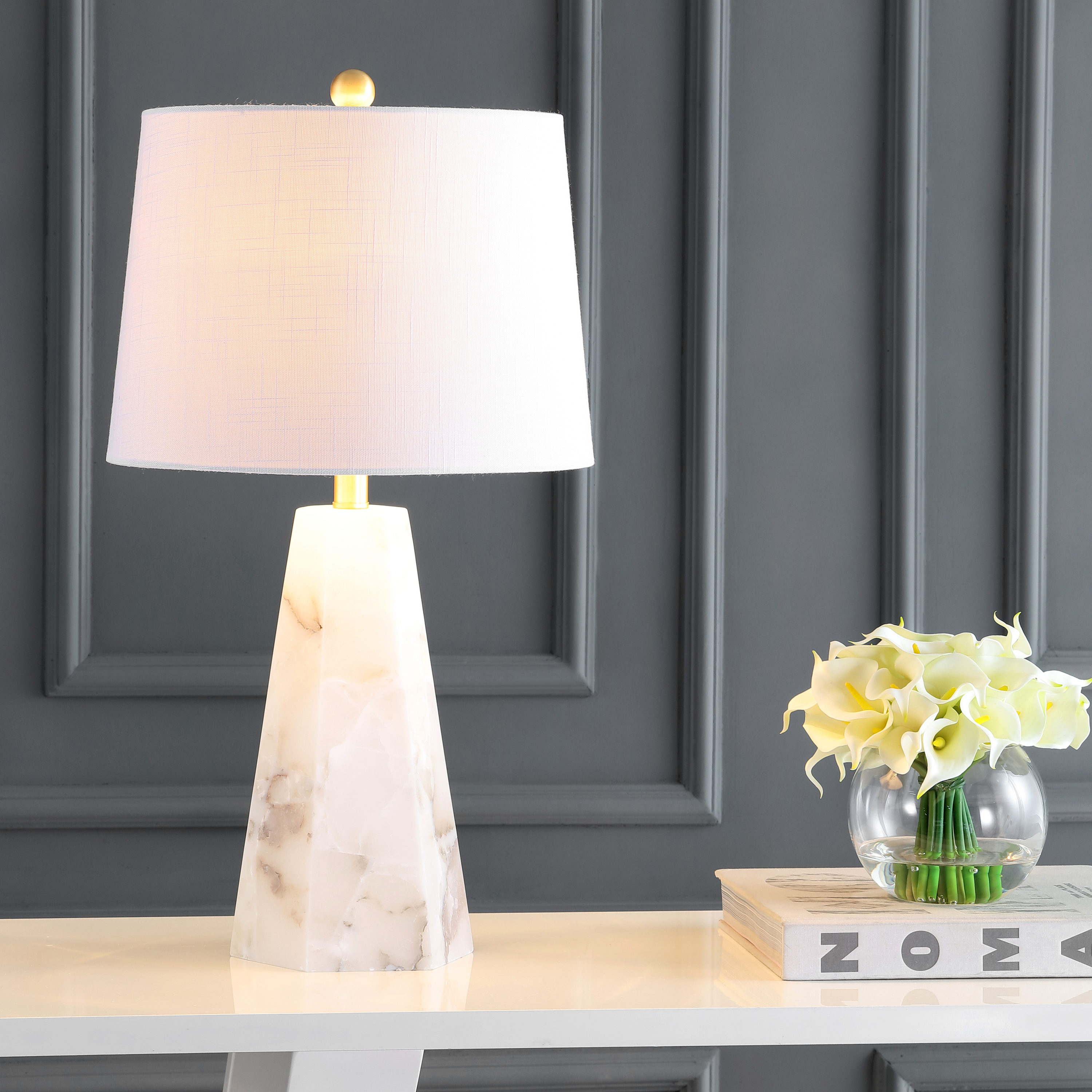 JONATHAN  Y JYL6205A Xio Alabaster Transitional 25.5-in Brass Gold LED Incandescent Rotary socket Table Lamp with Linen Shade