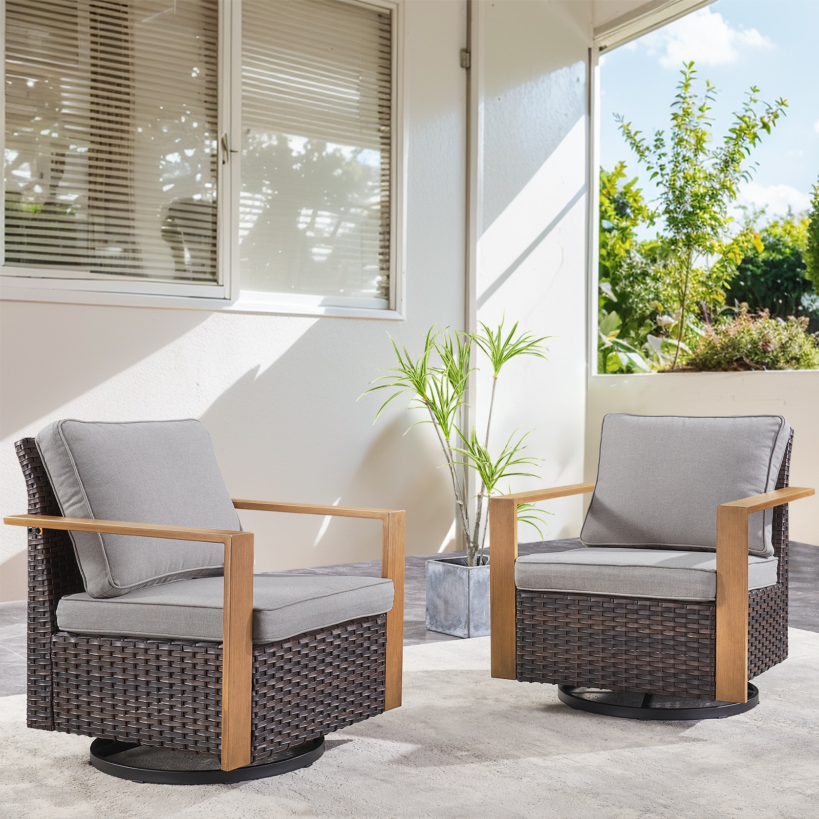  PA136-3 PACHAIRS-T Set of 2 Wicker Brown Steel Frame Swivel glider Conversation Chair with Gray Cushioned Seat