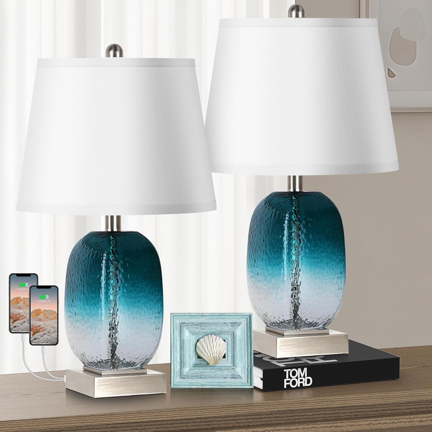 Bai Source TL255560 Table Lamp Set of 2 Touch Control Modern Coastal Teal Glass Bedside Lamps with Dual USB Ports 3 Way Dimmable Nightstand Lamps with White Fabric Shade LED Bulbs Included