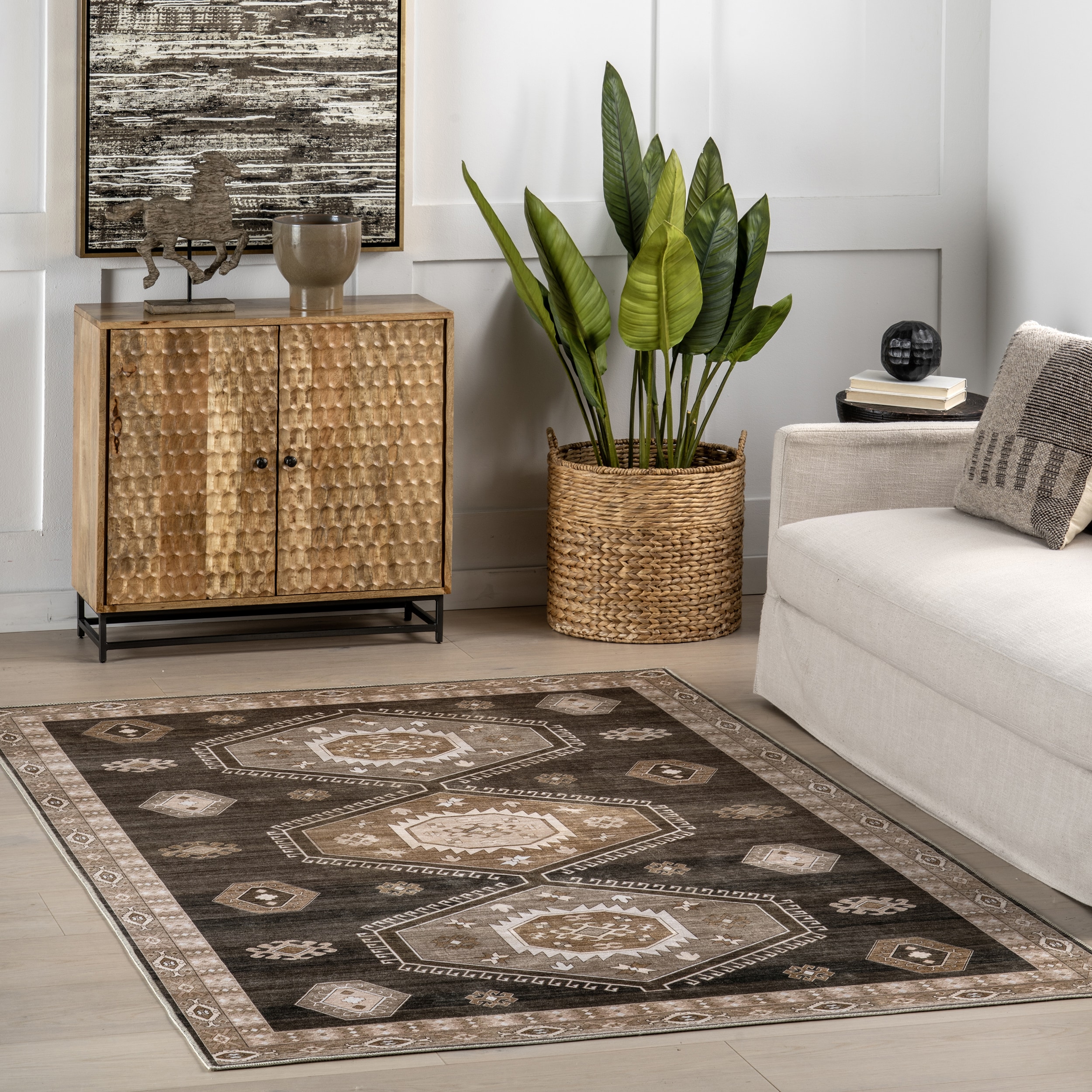 nuLOOM 200BIVL102A-8010 Anette SplashGuard Vintage Medallion Machine Washable 8ft. x 10ft. Dark Brown Area Rug