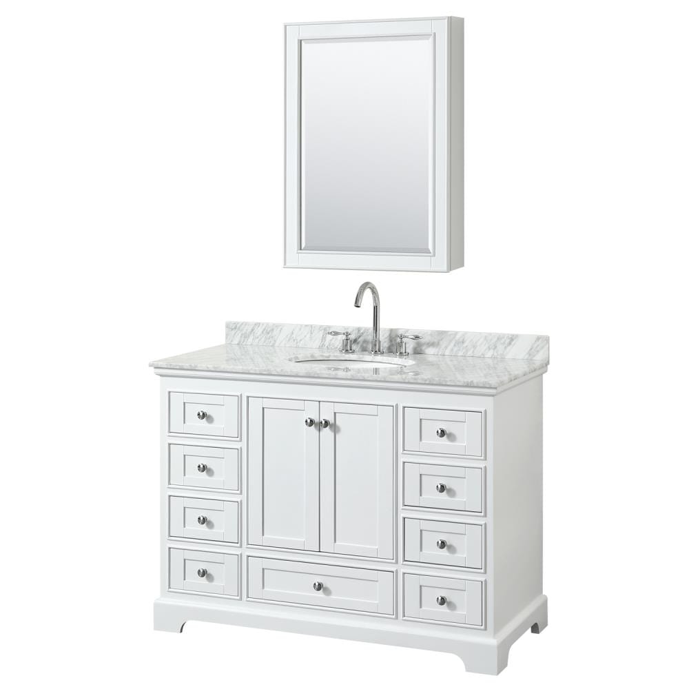 Wyndham Collection WCS202048SWHCMUNOMED Deborah 48-in White with Polished Chrome Trim Undermount Single sink Bathroom Vanity with White Carrara Marble Natural marble Top (Mirror Included)