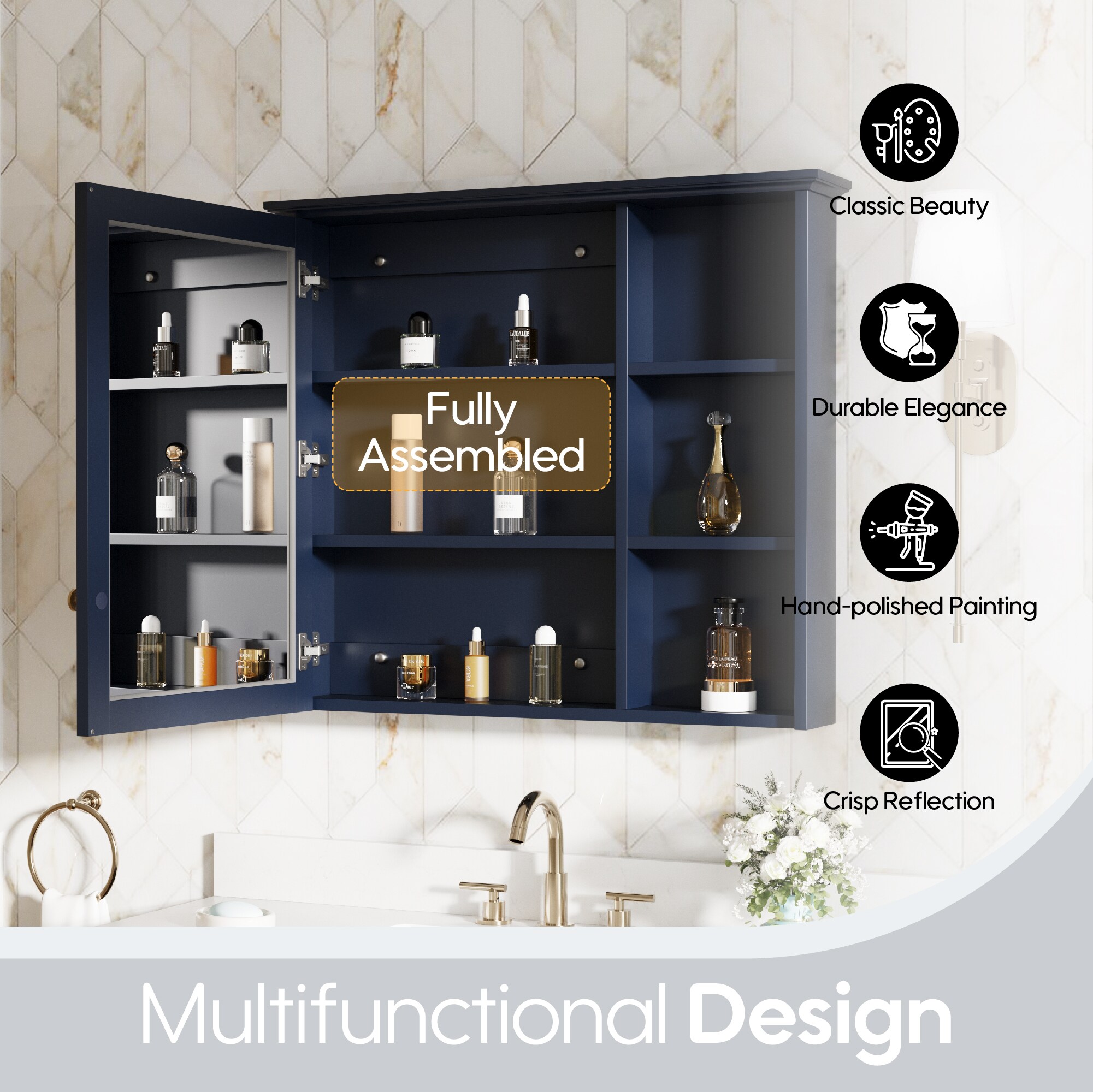 Forclover Assembled Solid Wood 34-in x 30-in Surface Mount Navy Blue Mirrored Soft Close Medicine Cabinet