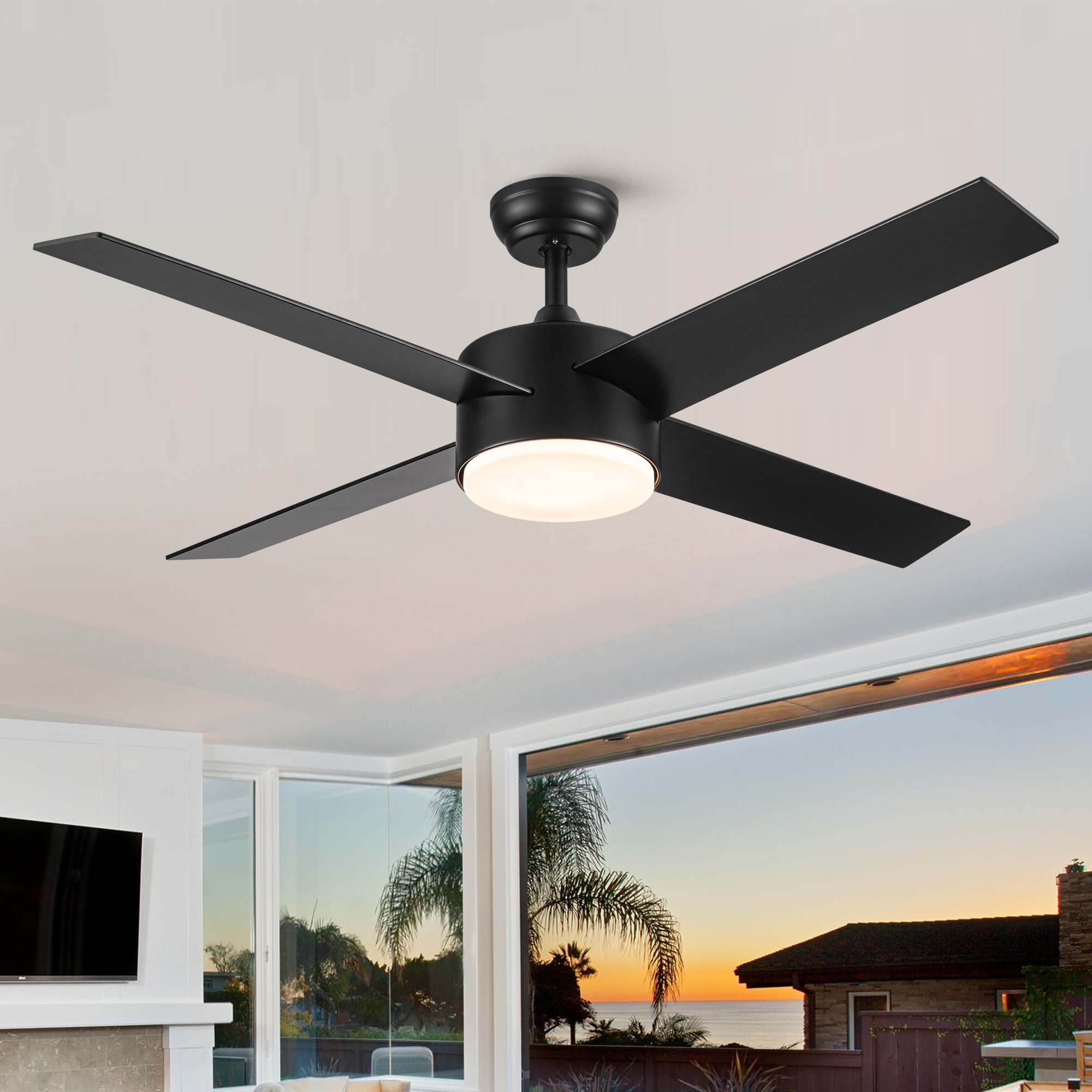 YUHAO LSAC1084BK524 Pulae 52-in Color-Changing Integrated LED Black with Matte Blades Ceiling Fan With Light and Remote ( 4 -Blade )