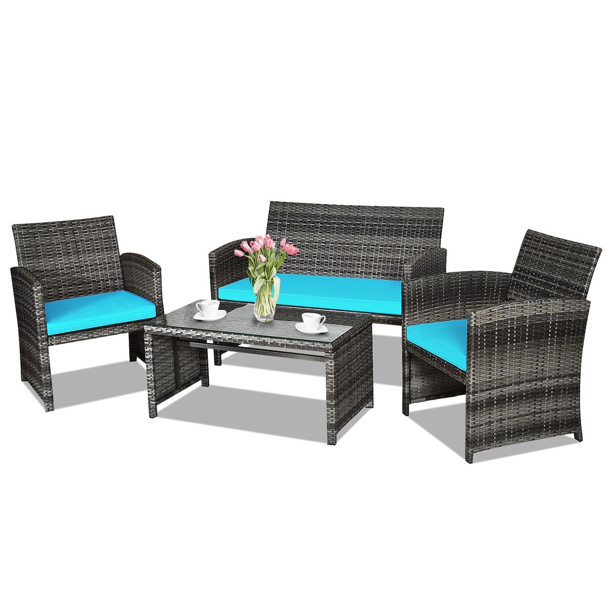 WELLFOR OUJ63238TU 4-Piece Rattan Patio Conversation Set with Blue Cushions