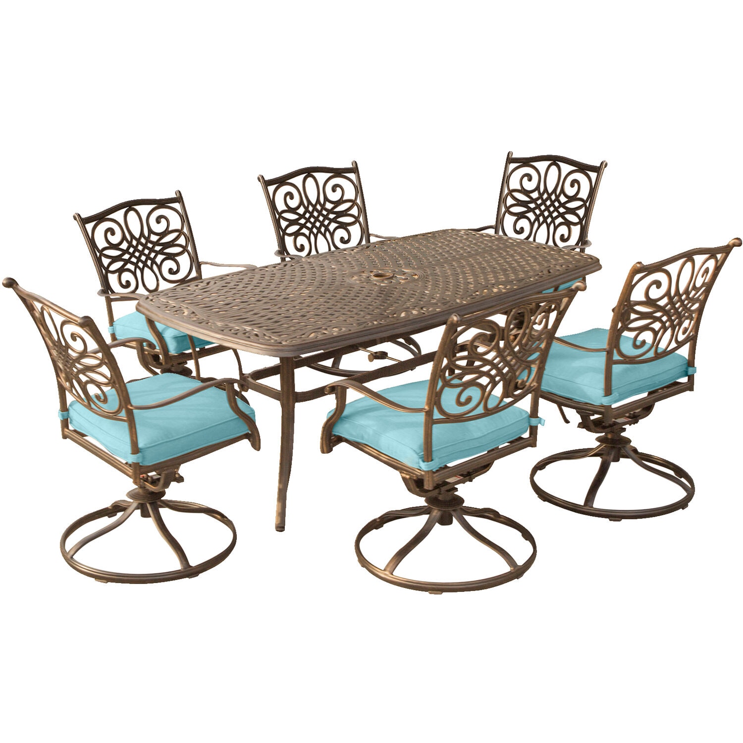 Bronze Aluminum Outdoor Dining Set with Blue Cushions