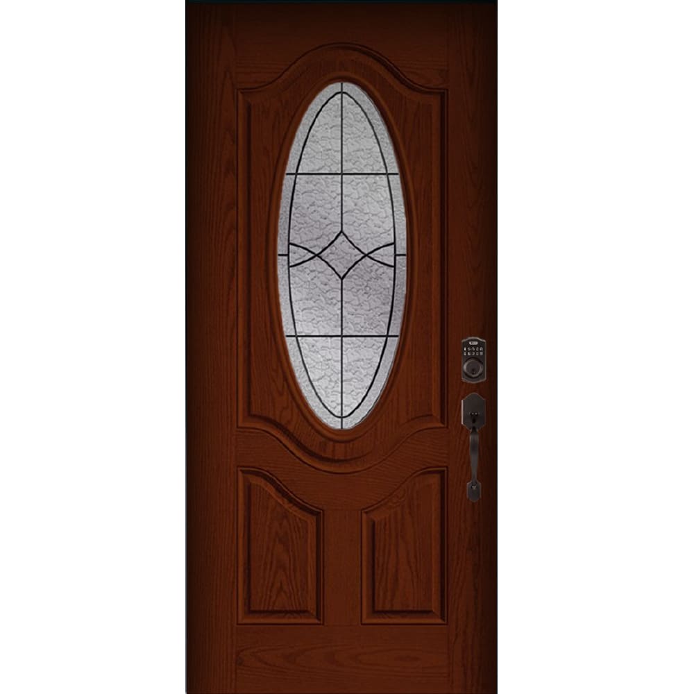 RELIABILT 10172494 Entry Door 36-in x 80-in x 4-9/16-in Fiberglass Oval lite Left-hand inswing Mahogany Stained Prehung Front Door with Brickmould Insulating core