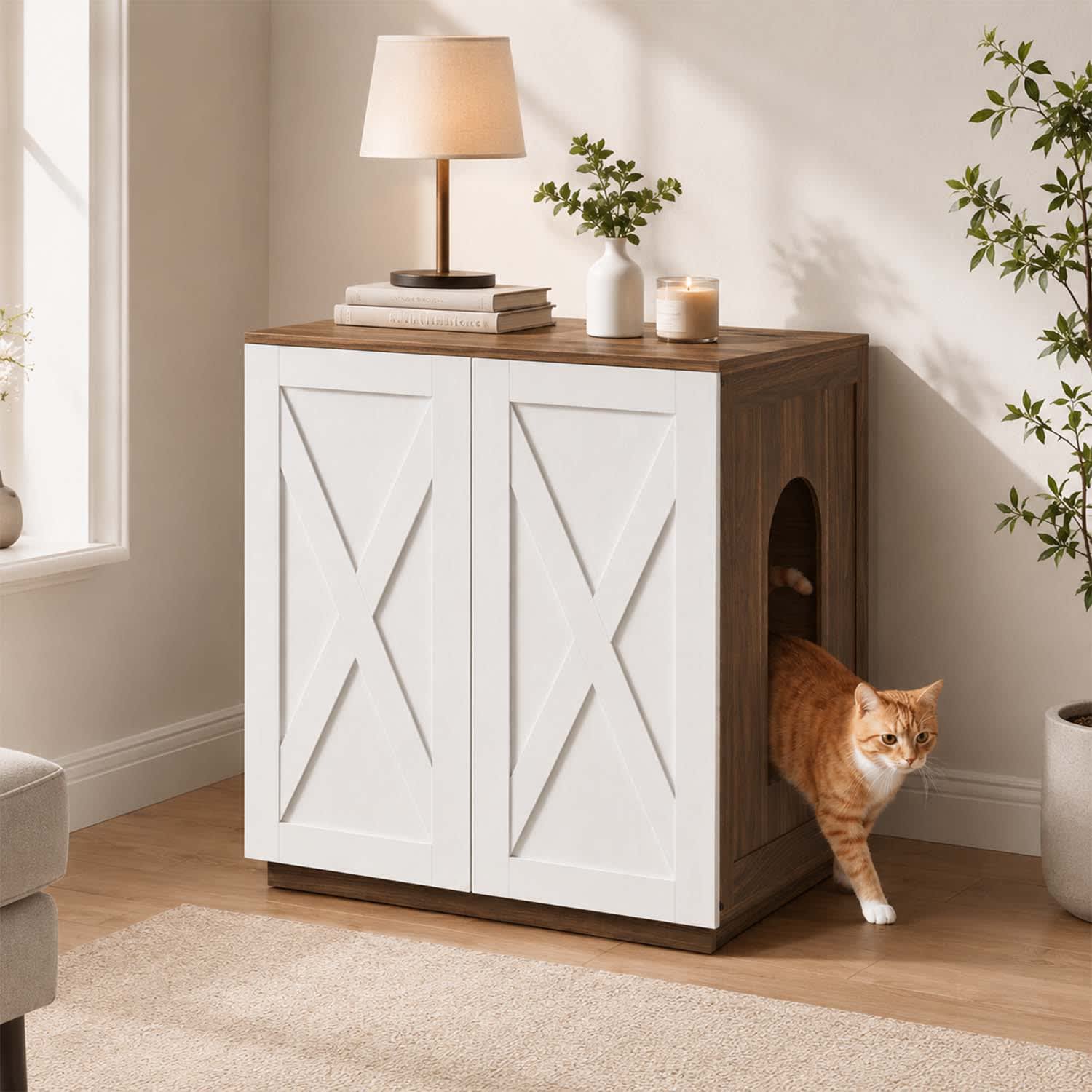 UNIPAWS  Jumbo Size Cat Litter Box Enclosure with Power Outlet and USB Ports Furniture Style Cat House for Automatic Litter Boxes White Walnut