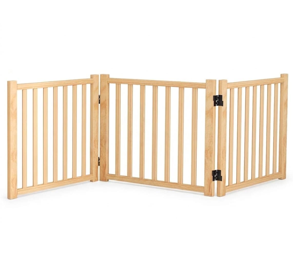 Etokfoks  5 6 ft x 1 4 ft Natural Pine Wood Accordion Folding Pet Gate with Anti Slip Seats 1 Pack