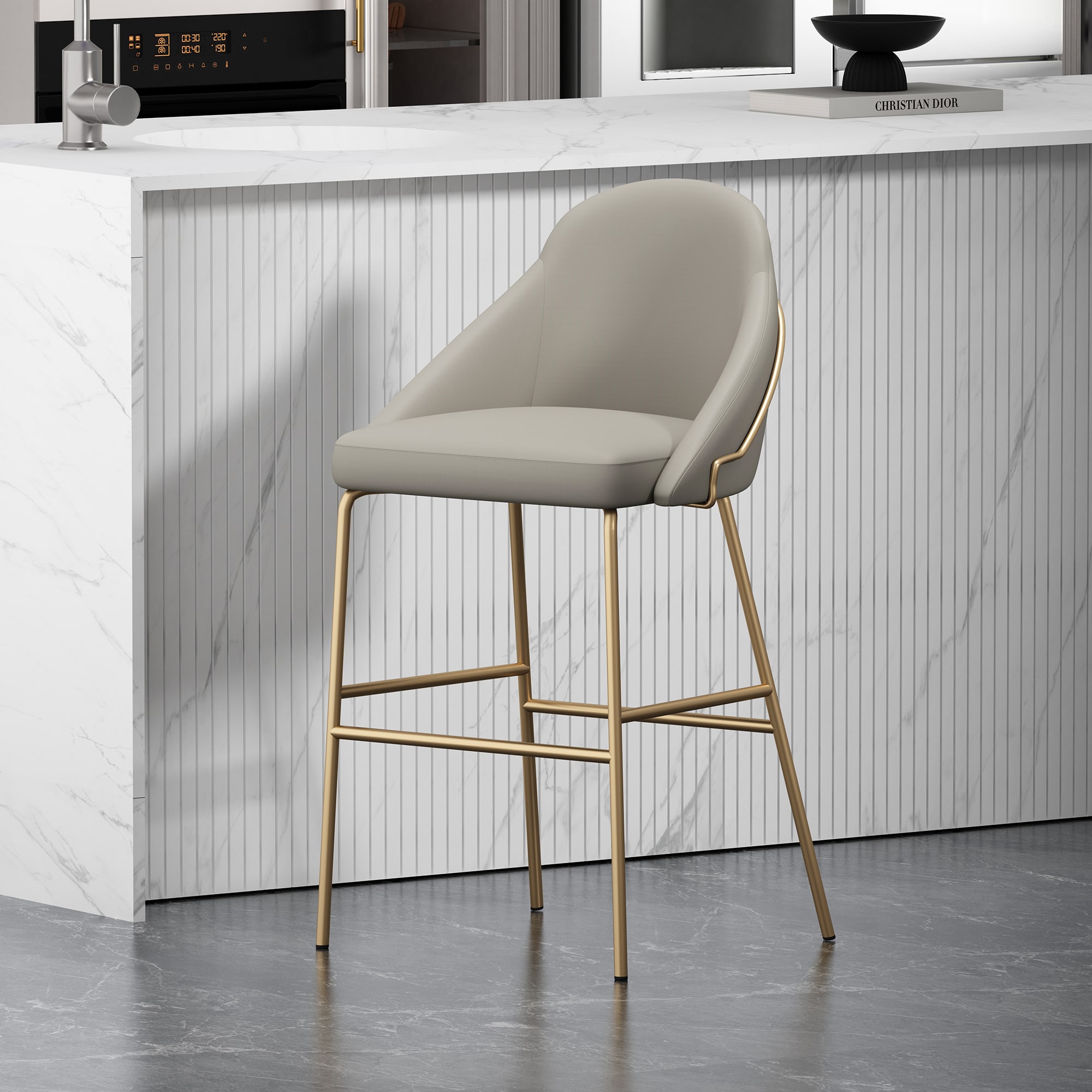Manhattan Comfort BS022-GST Stone and Gold 29.1-in H Bar height Upholstered Metal Bar Stool