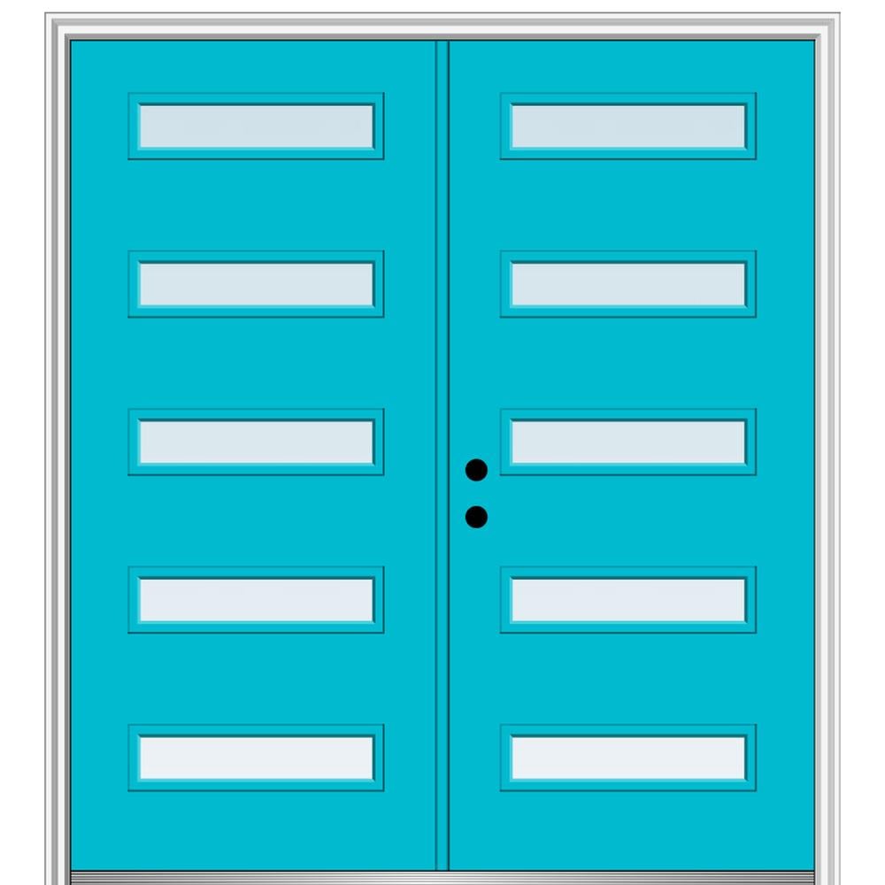 MMI DOOR ZZ346392R Spotlights 64-in x 80-in x 4-9/16-in Fiberglass Pulse lite Right-hand inswing Bahama Blue Painted Prehung Double Front Door with Brickmould Insulating core