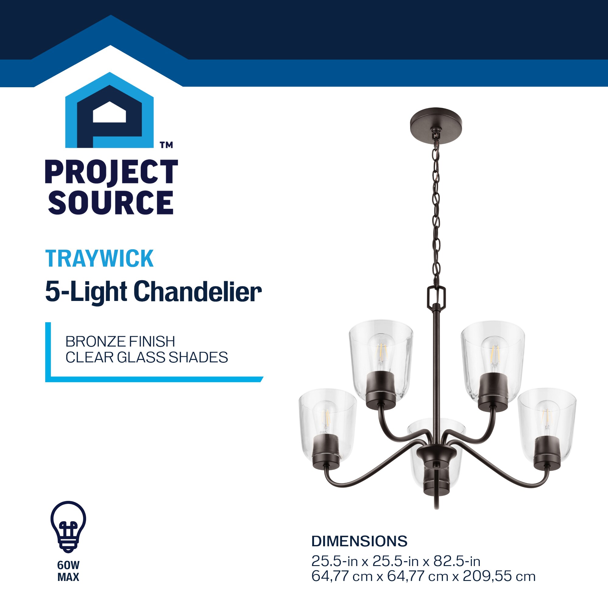 Project Source Traywick 5 -Light Satin Bronze Transitional For Use in Bedrooms, Dining Rooms, Foyers, Kitchens, Living Rooms Chandelier