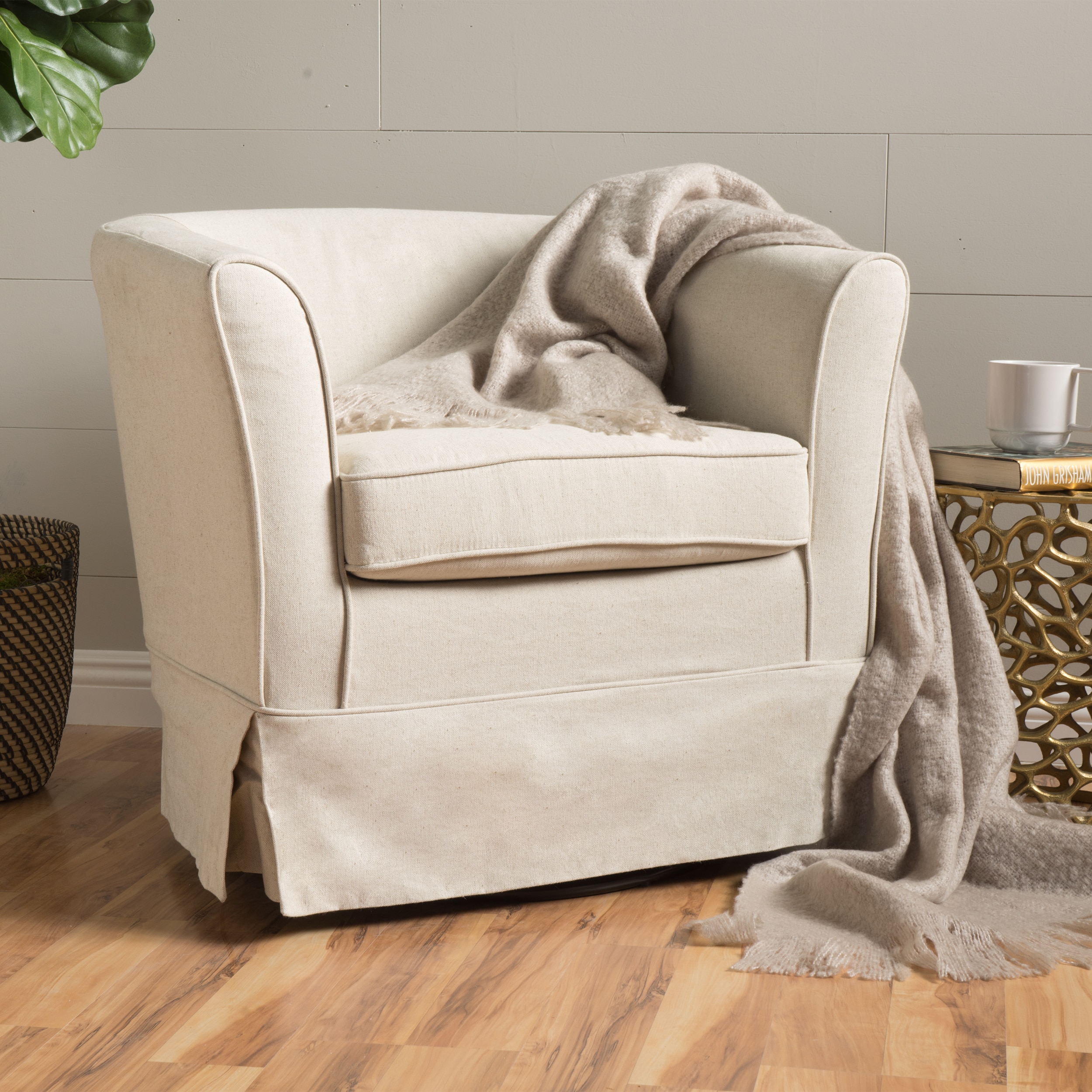 Natural Fabric Barrel Swivel Club Chair with Metal Base