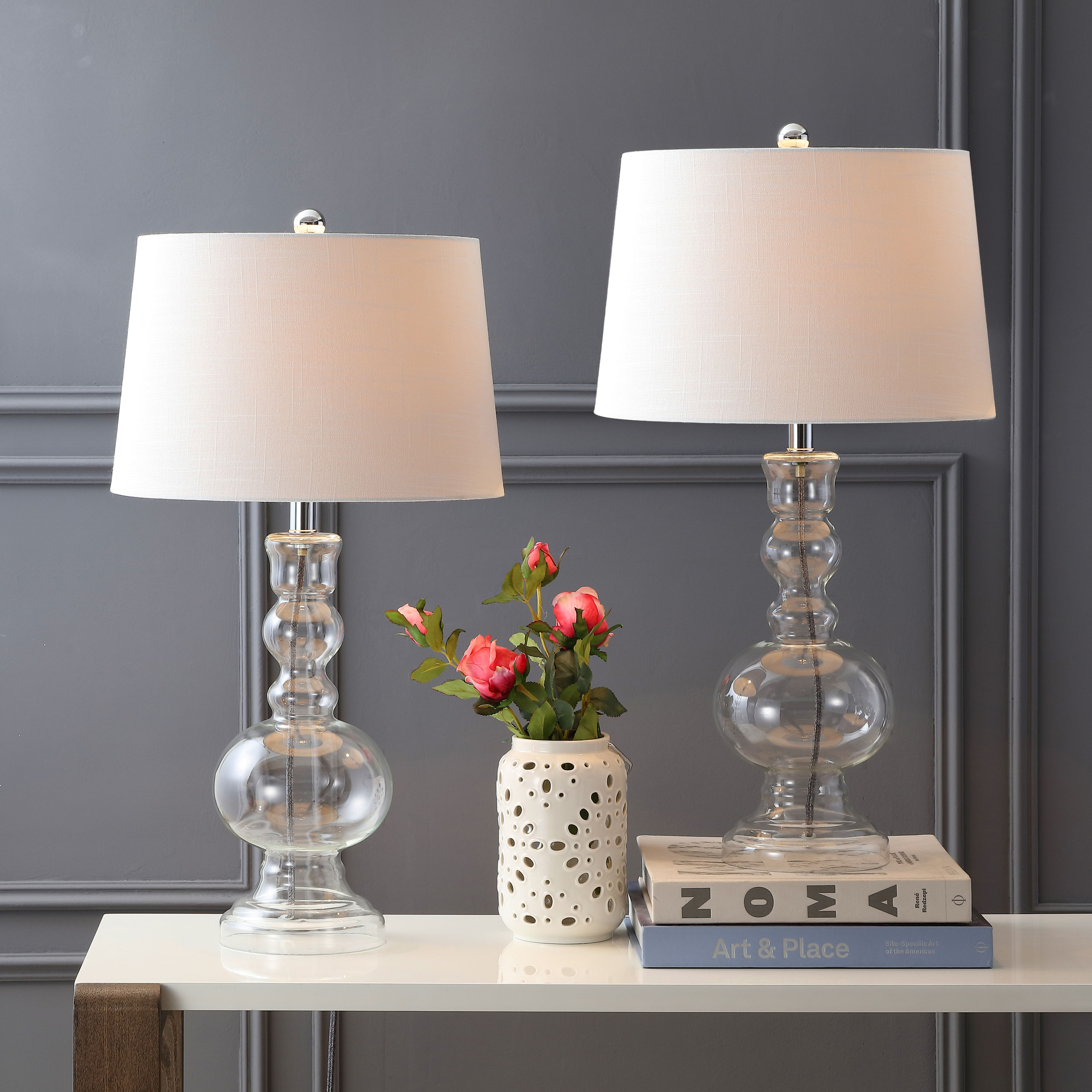 JONATHAN  Y JYL1061B-SET2 Genie Glass Contemporary Transitional 28.5-in Clear LED Incandescent Rotary socket Table Lamp with Linen Shade 2 -Set
