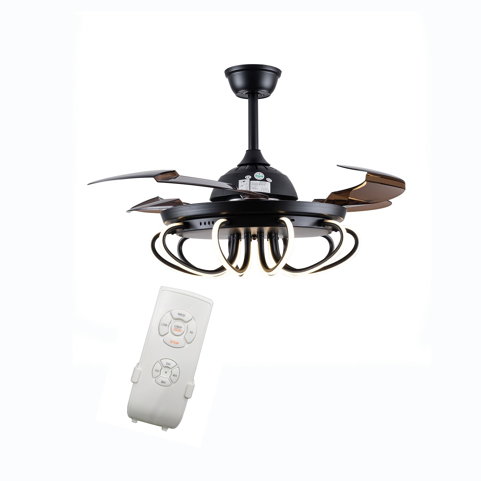Oukaning HG-HCX-2320 42-Inches Black Creative LED with ABS Blades Color-Changing Integrated LED Fixture Indoor Downrod mount Chandelier Ceiling Fan With Light and Remote ( 4 -Blade)