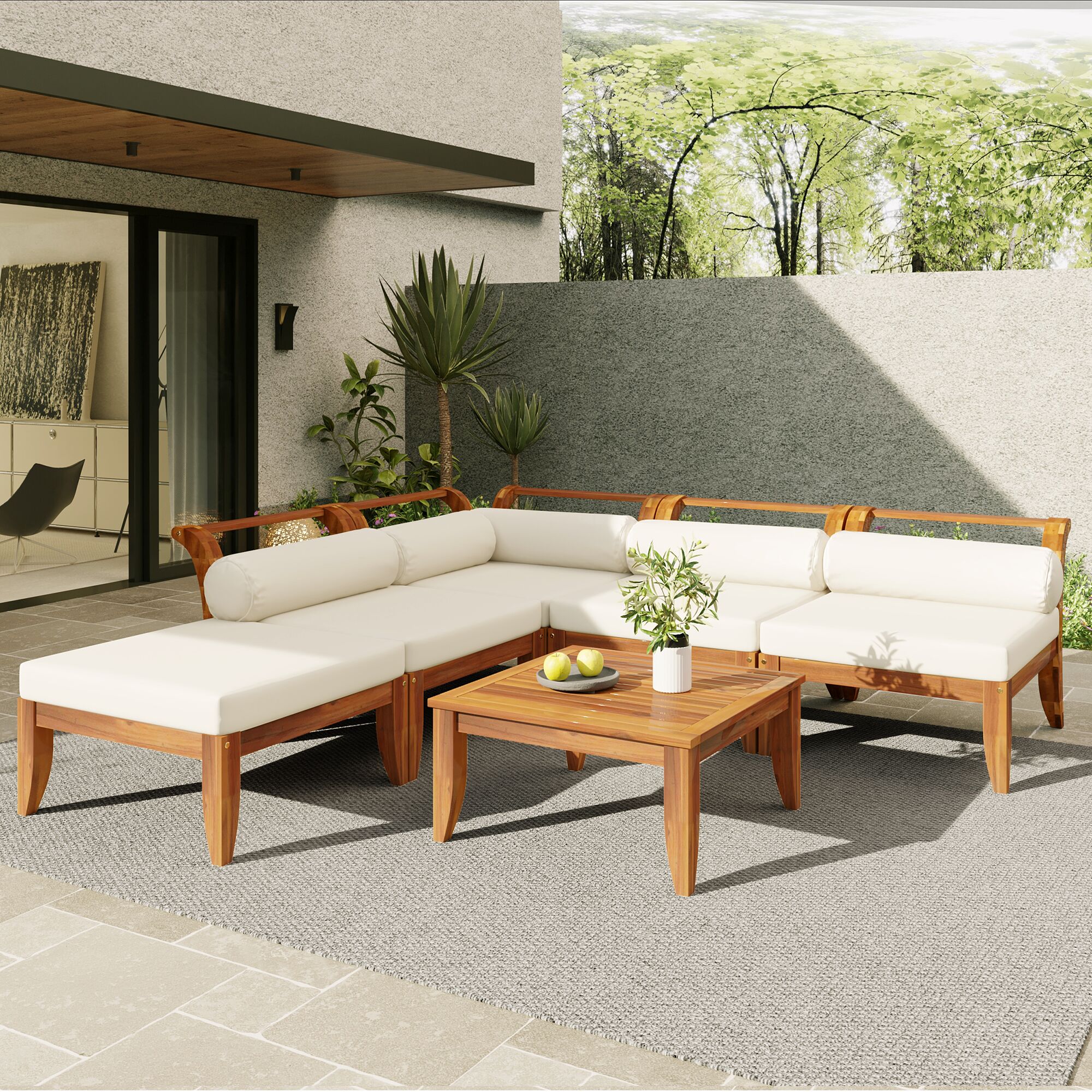 ModernLuxe L3P-SP100031AAA 6 Piece Patio Sofa Set Acacia Wood Outdoor Modular Sectional Garden Furniture Set LShaped Conversation Set Convertible Daybed with Tea Table Ottoman 5 Cushions and Pillows TeakBeige