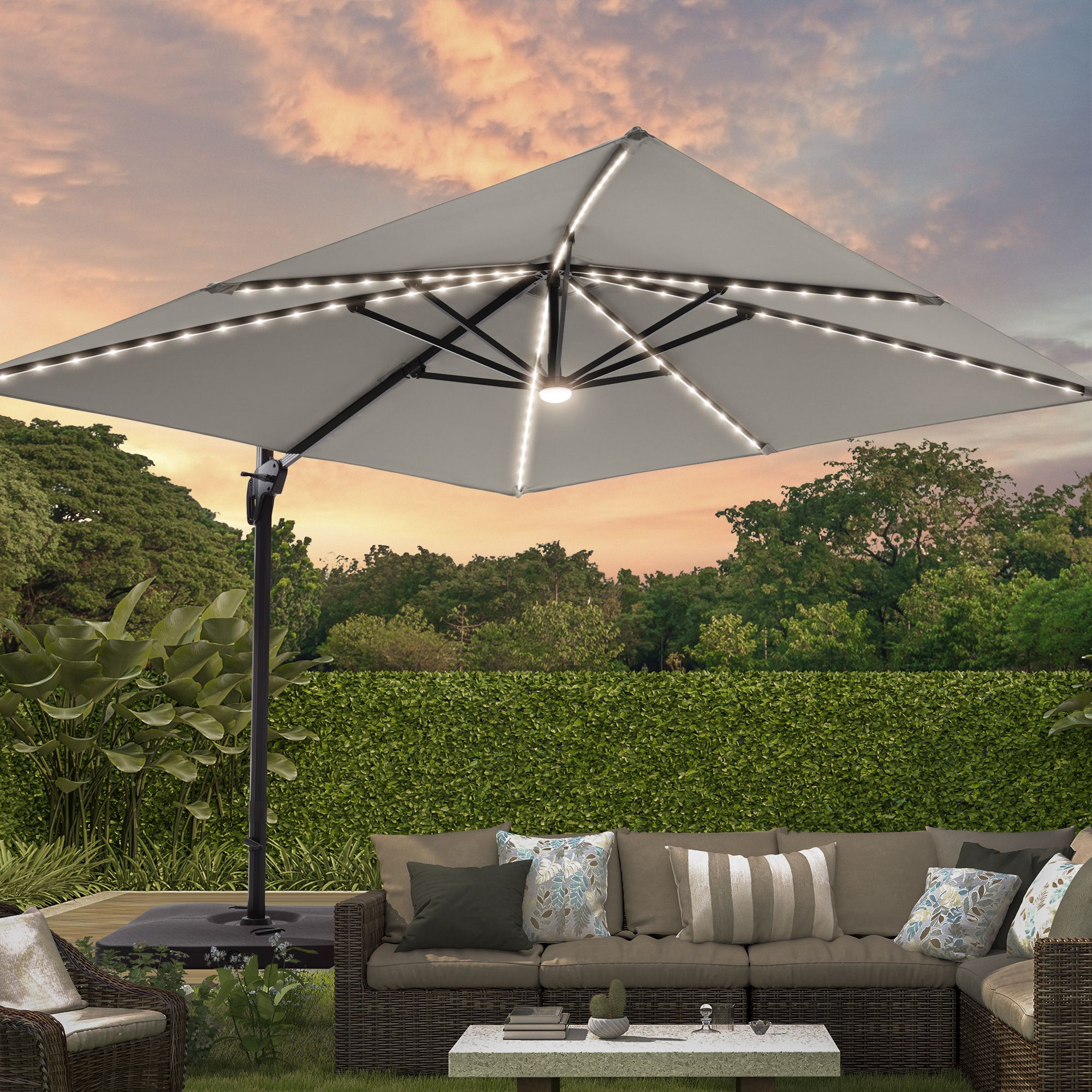 Sonkuki SD-LEDZD33-GY 10-Feet Aluminum Gray No-tilt Cantilever Patio Umbrella with Lights and with Base
