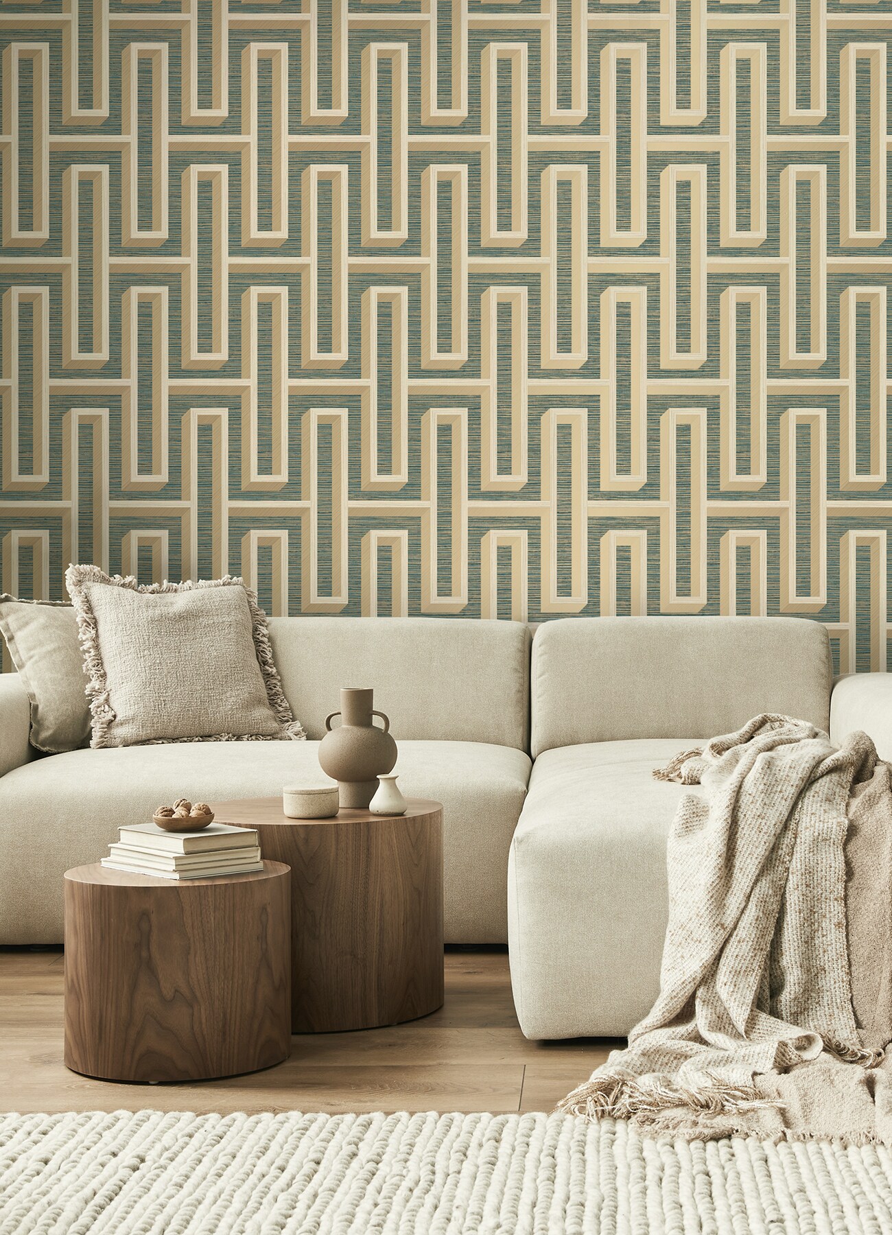 Teal and Beige Geometric Grasscloth Wallpaper Double Roll