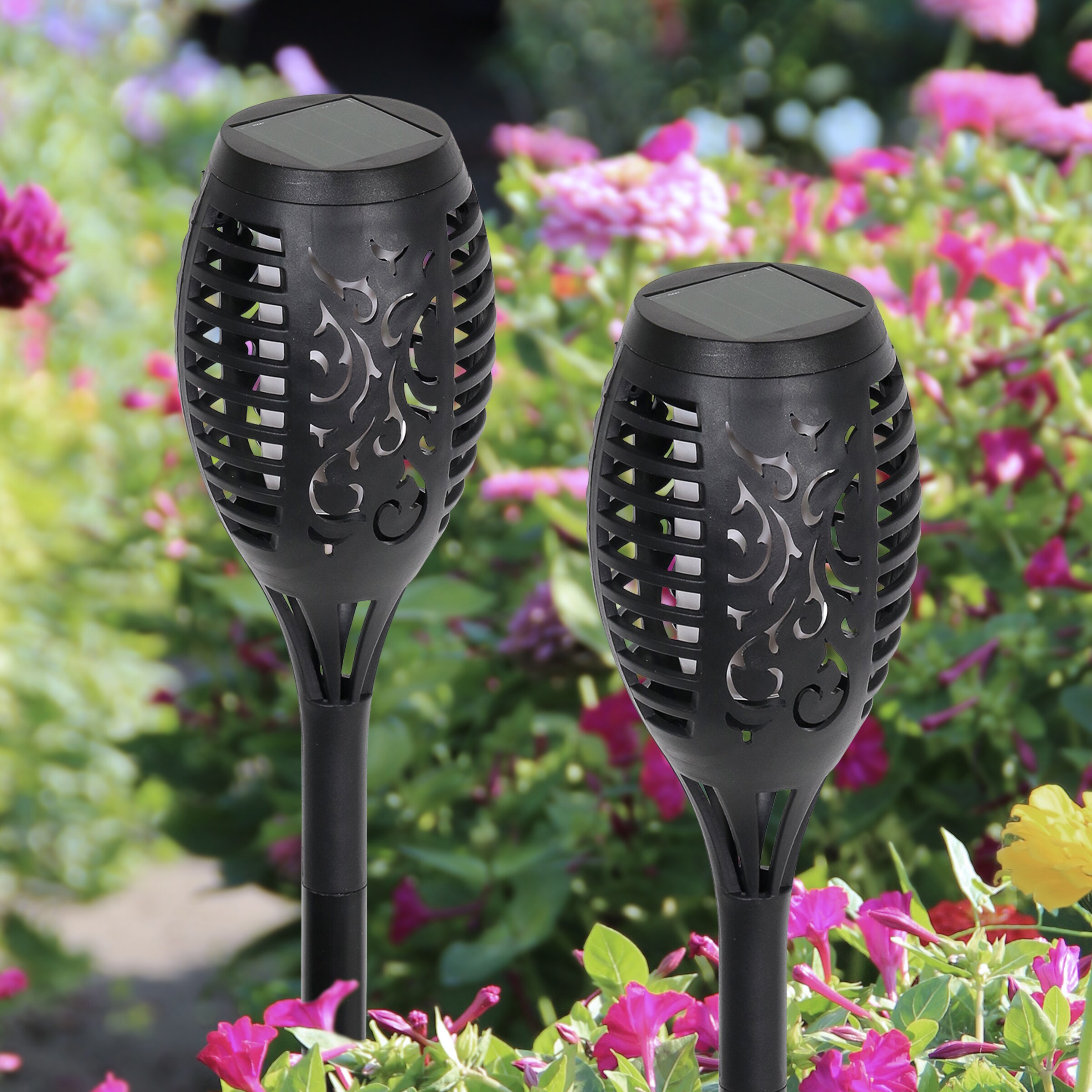Set of 4 Black Plastic Solar LED Flame Garden Stakes