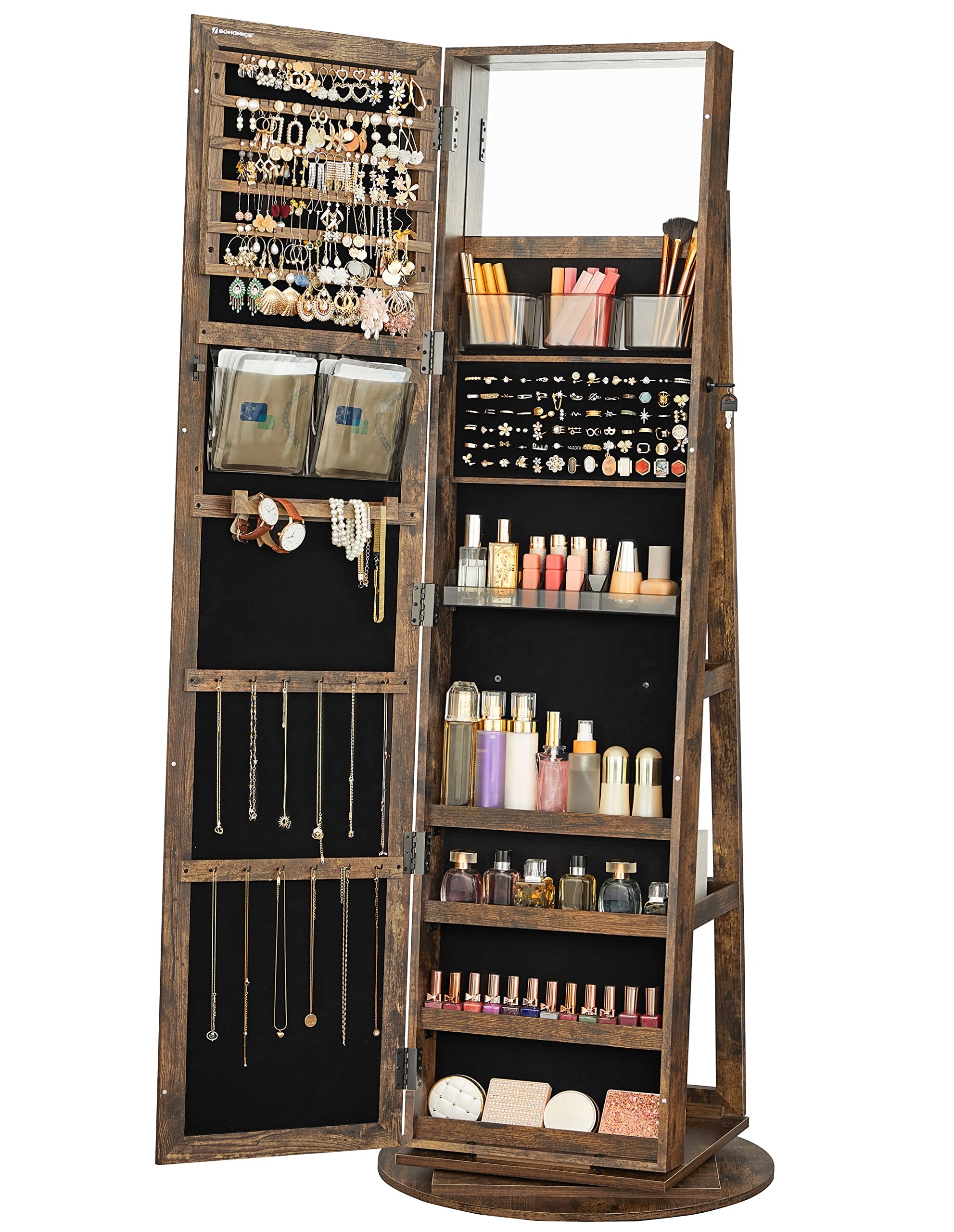 SONGMICS HOME JJC006X01 360° Swivel Jewelry Cabinet with Full-Length Mirror Rustic Brown