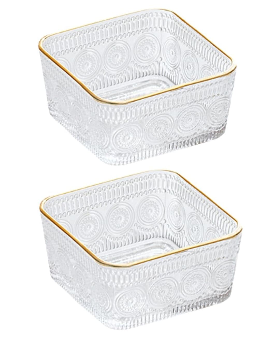 Aoibox  Set of 2 Small Square Glass Bowls 9 oz Vintage Embossed Candy Dish for Dessert and Snacks Pack Mini Clear