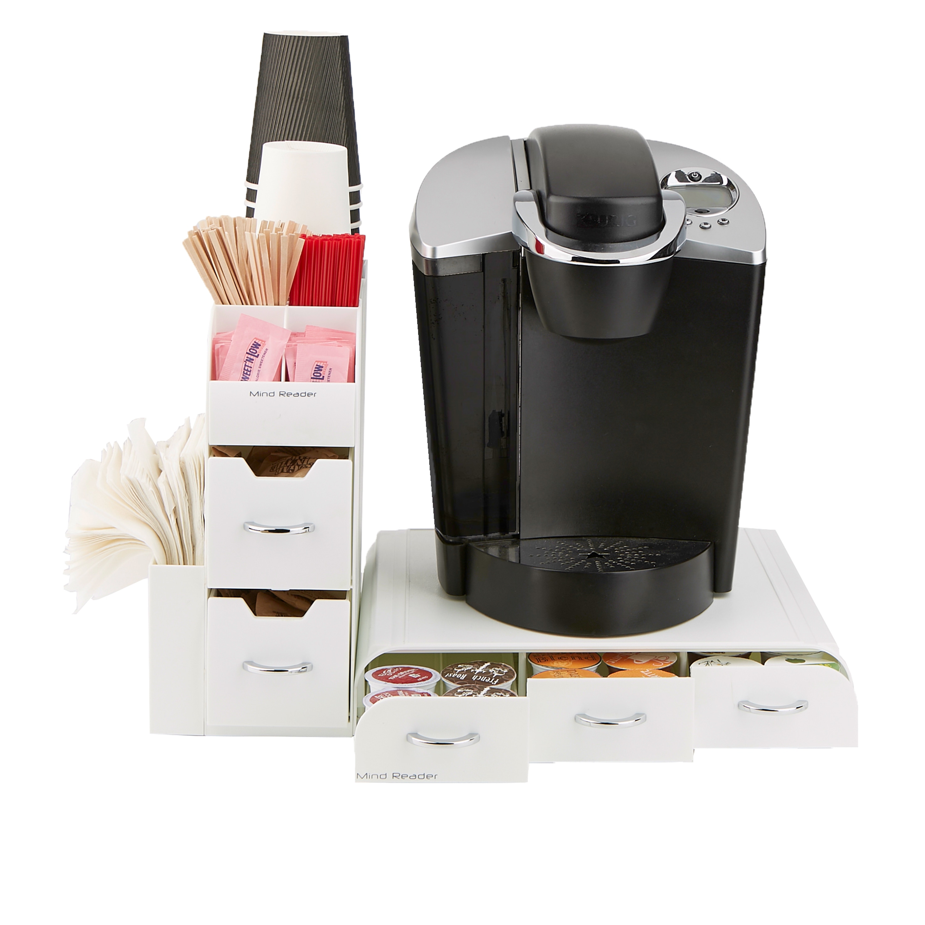 Mind Reader CMB02-WHT  Single Serve Coffee Pod Drawer and Cup Condiment Set, 36 Pod Capacity, 5.35"L X 11.25"W X 11.15"H, 2 Pcs., White