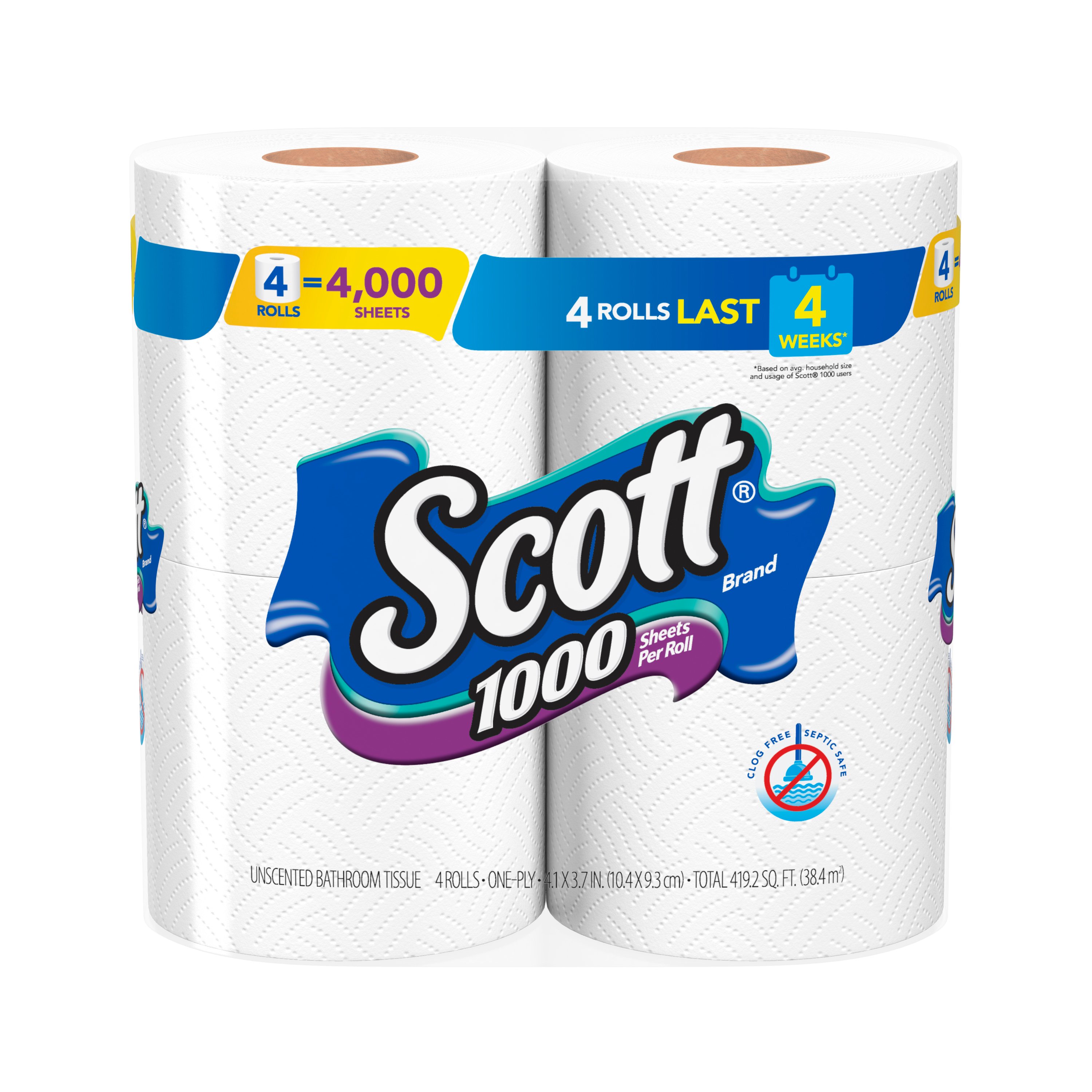 Scott 1000 Trusted Clean Toilet Paper, 32 Rolls, Septic-Safe, 1-Ply Toilet  Tissue, 8 Count (Pack of 4)