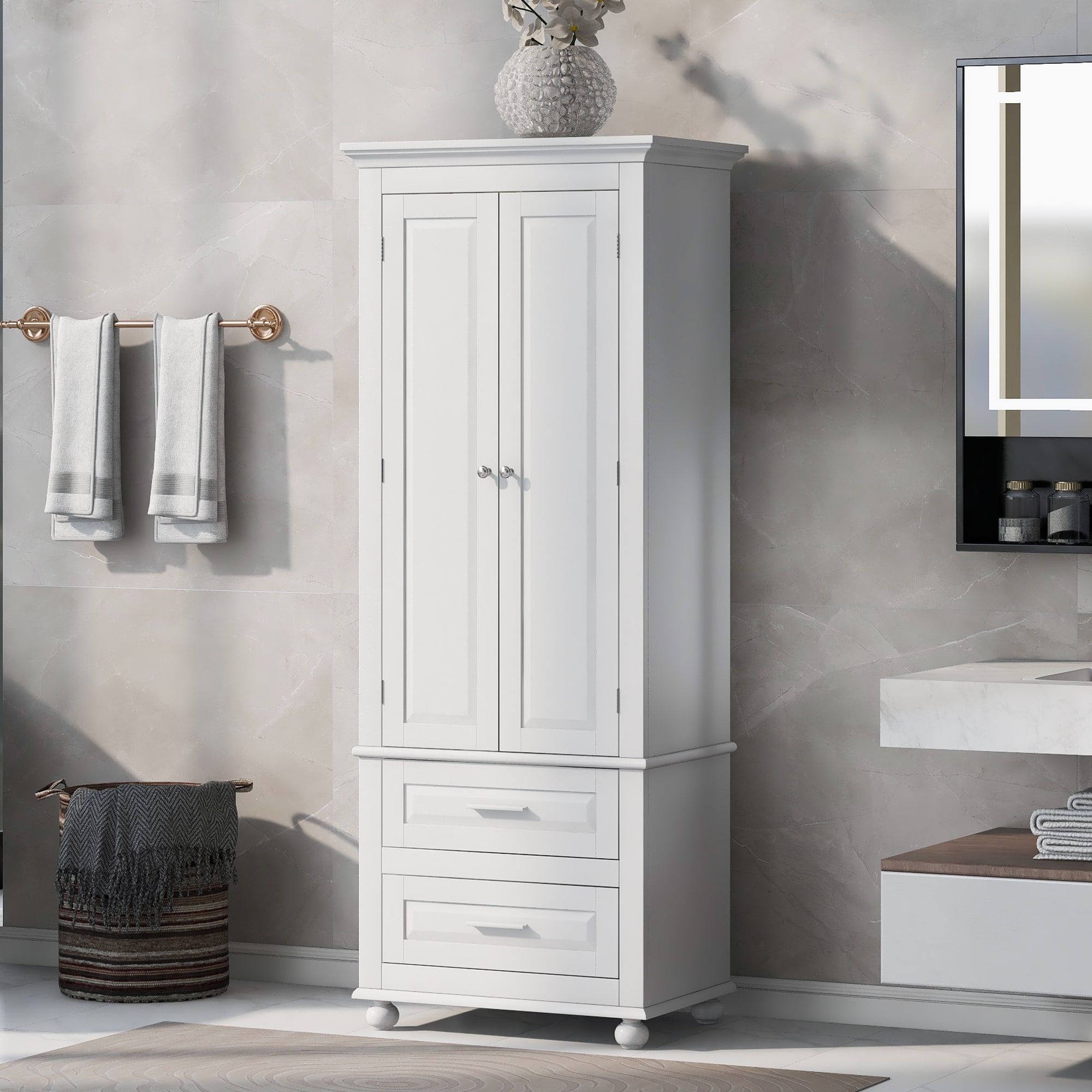 Homy Casa 24-in W White Bathroom Storage Cabinet MDF Freestanding with Adjustable Shelves and Two Drawers