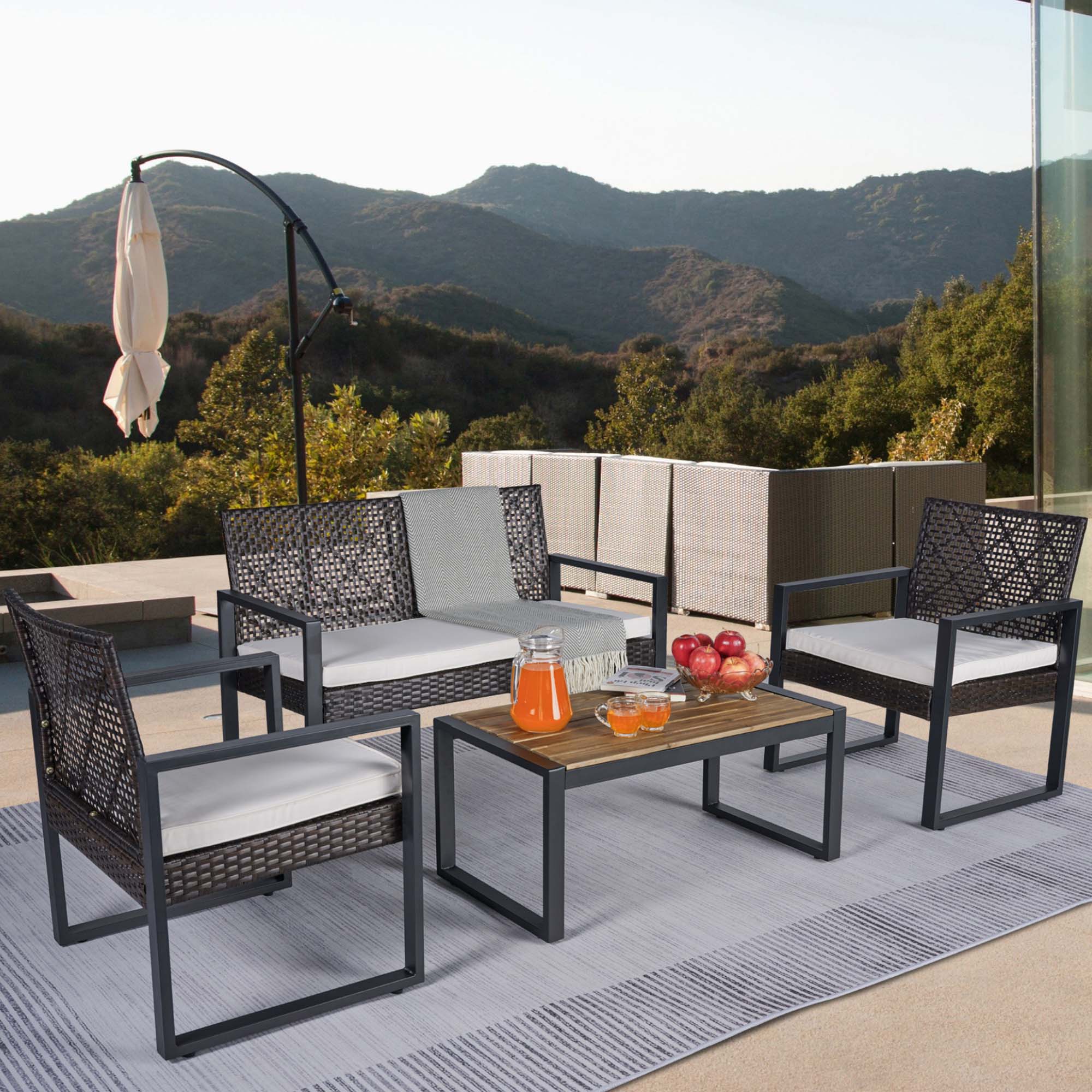Fun Orange FUNS2HW01 4-Piece Wicker Patio Sofa Conversation Set with Yellow Cushions