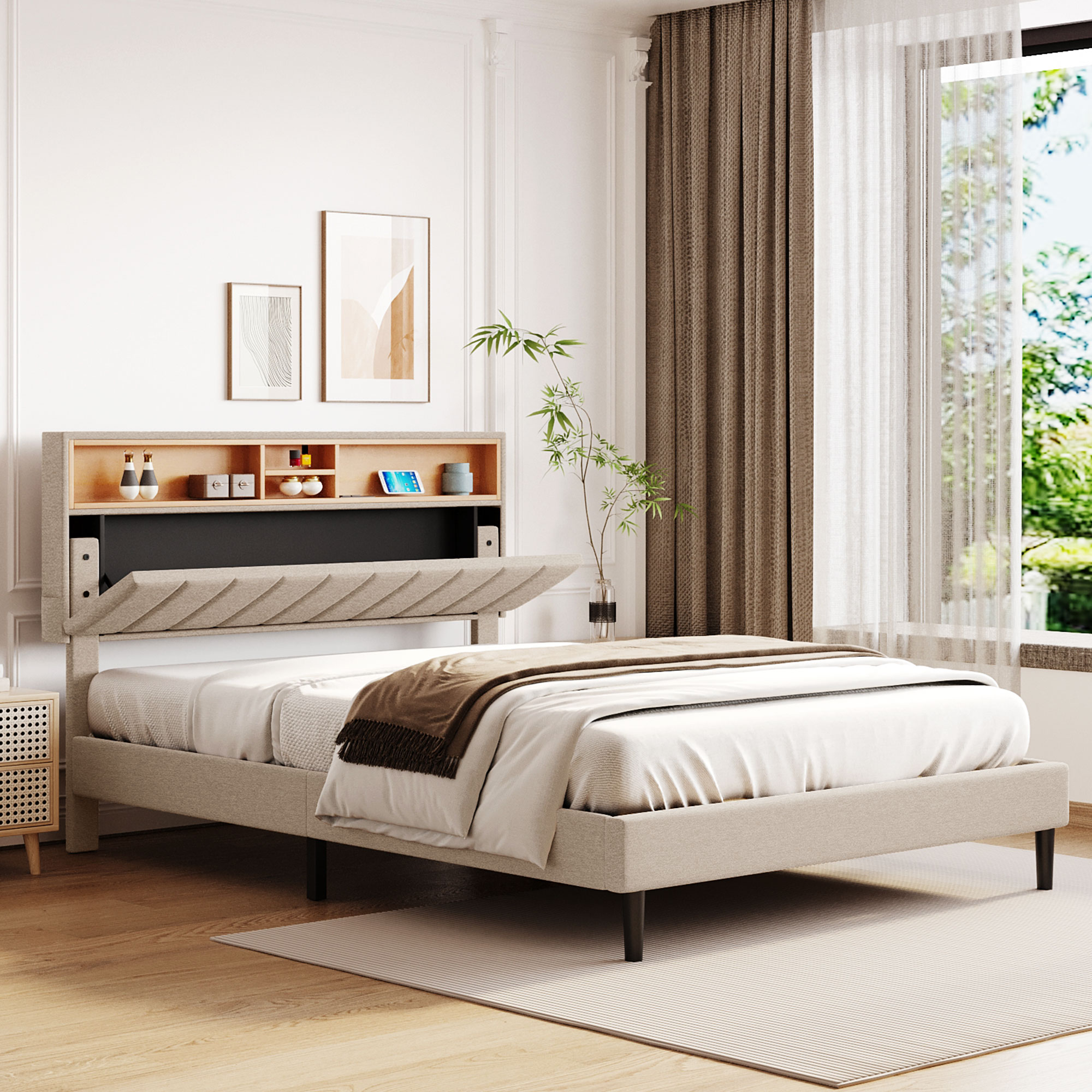 ModernLuxe WF299338AAA Queen Size Upholstered Platform Bed with Storage Headboard and USB Port  Linen Fabric Upholstered Bed Beige