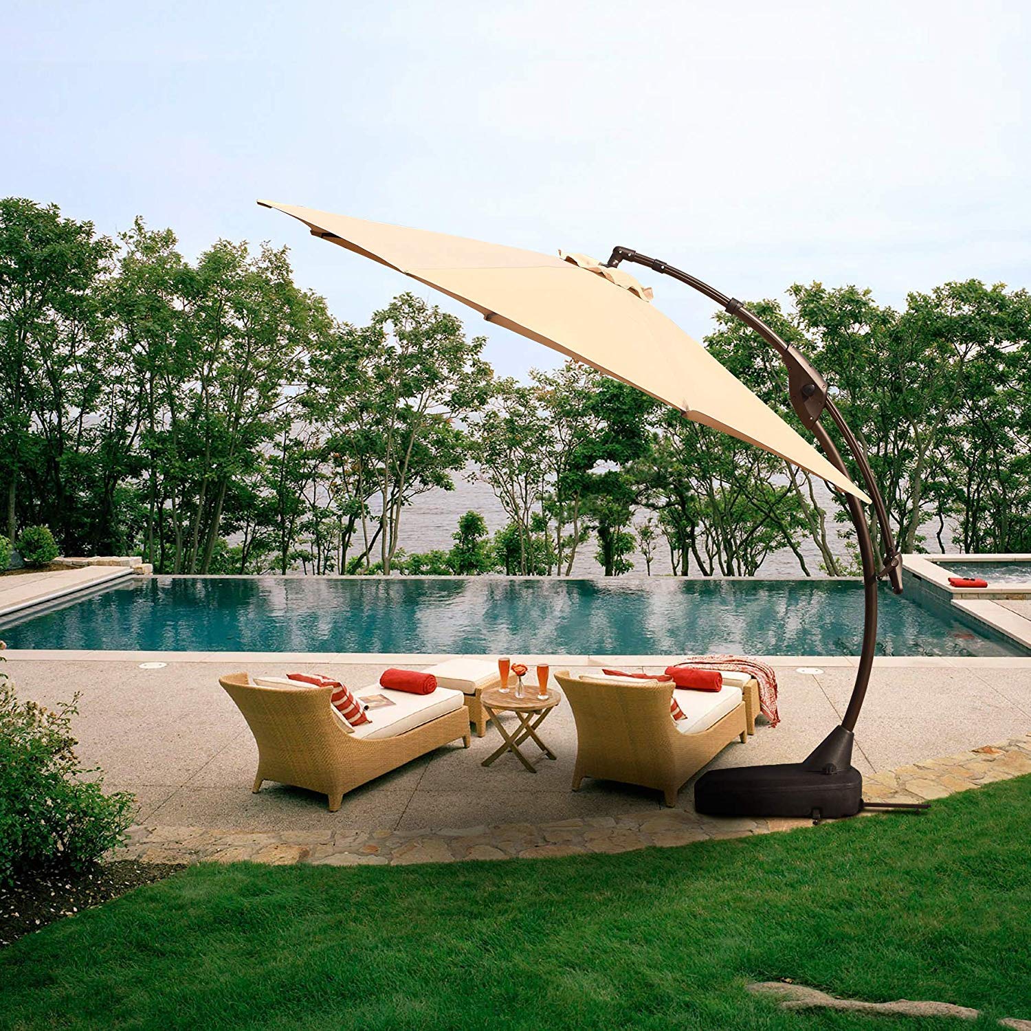 Table Umbrella with Crank/Tilt Outdoor Shades for Pool Garden Yard Deck Beach Grand Patio 9 FT Enhanced Patio Umbrella with 8 Ribs 5 Color Stripes 