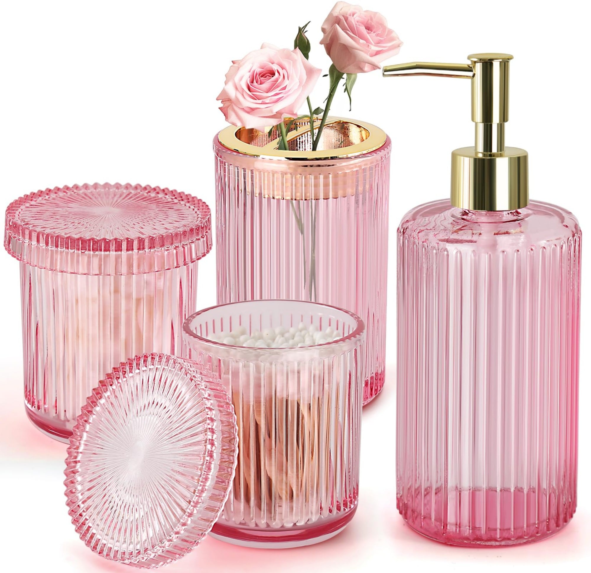 Wudkey 4 Pack Glass Jar Bath Accessory Pink