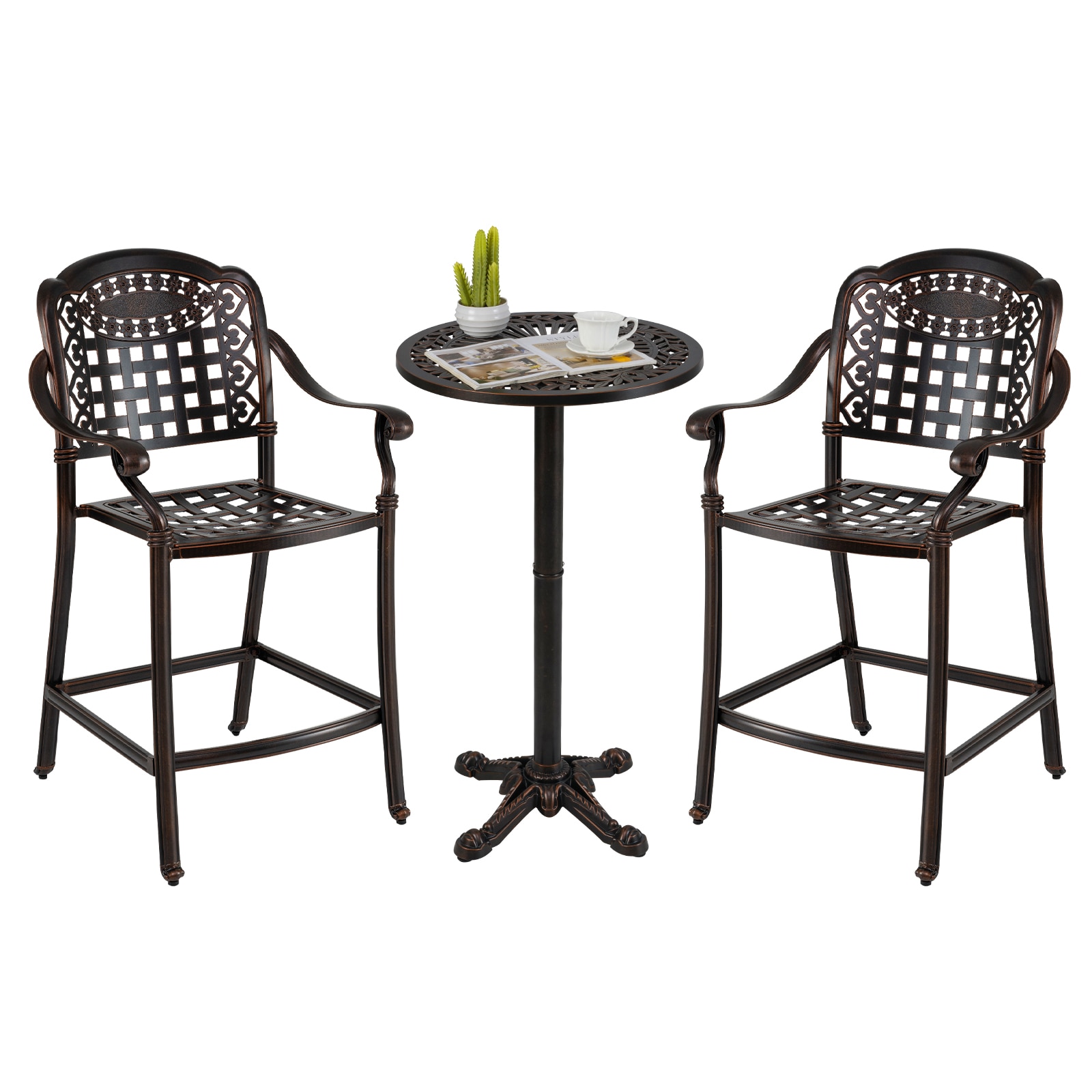 Volenca 3-Piece Cast Aluminum Round High-Top Patio Bar Set with 2 Counter Stools