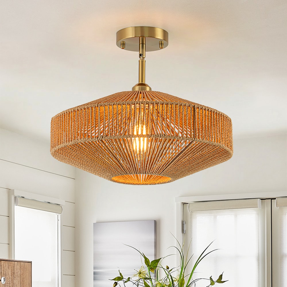Wonderindoor 15.75-in Natural Copper Indoor 1 -Light Semi-flush Mount Light with Fabric Shade