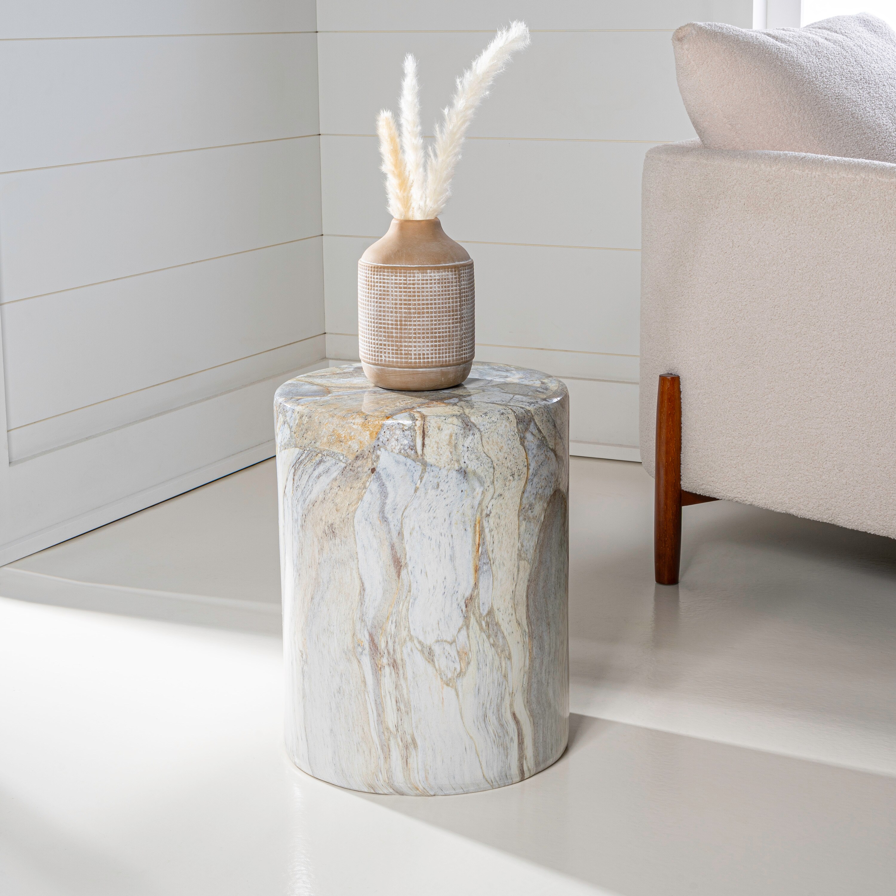 JONATHAN  Y TBL1101B Troy Modern Faux Marble Column Round Outdoor End Table 13-in W x 13-in L