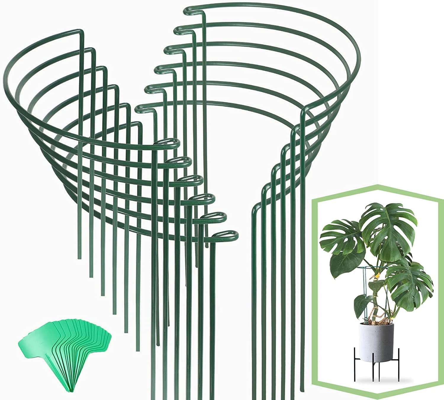 Phewnyzo  12 pack 16 inch plant support stakes with 15 twist ties sturdy metal garden stakes for outdoor flowers peony cages reusable green plant