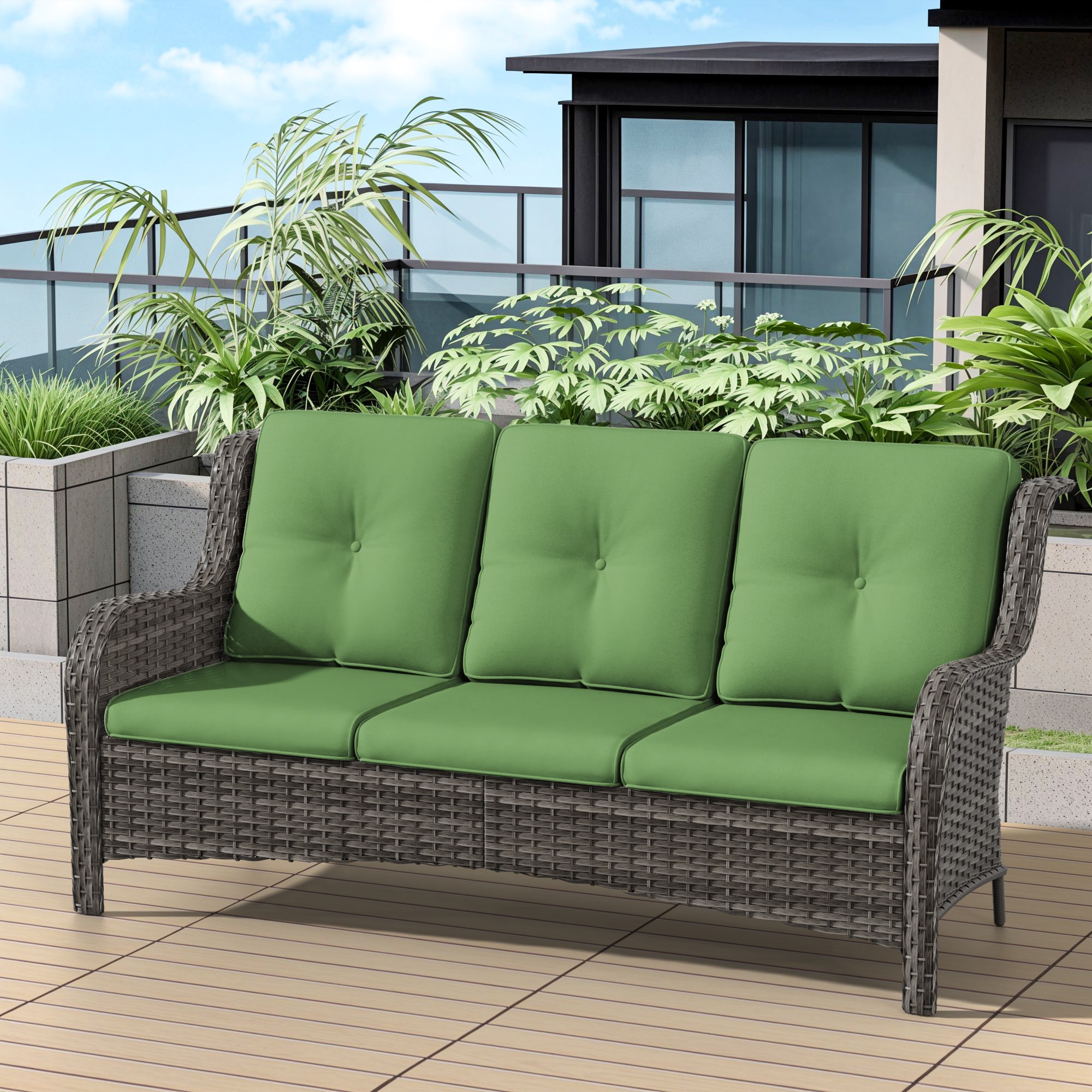 Gardenbee HGL-M75-GRN Wicker Furniture Wicker Outdoor Sofa with Green Cushions and Steel Frame