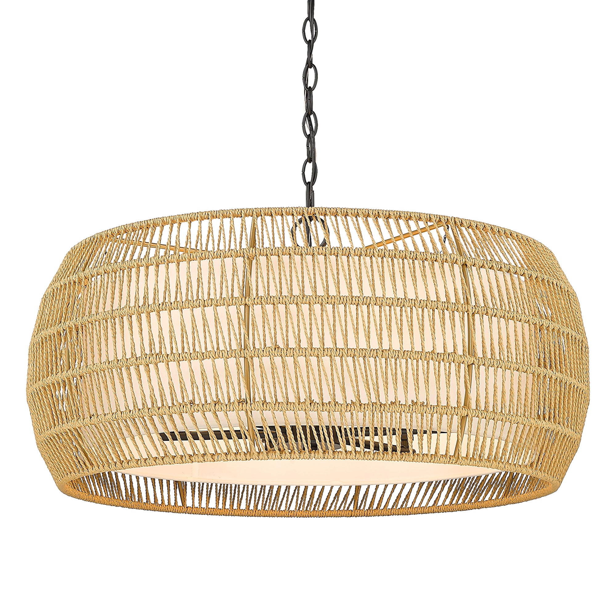 Natural Rattan and Black Steel 6-Light Drum Chandelier