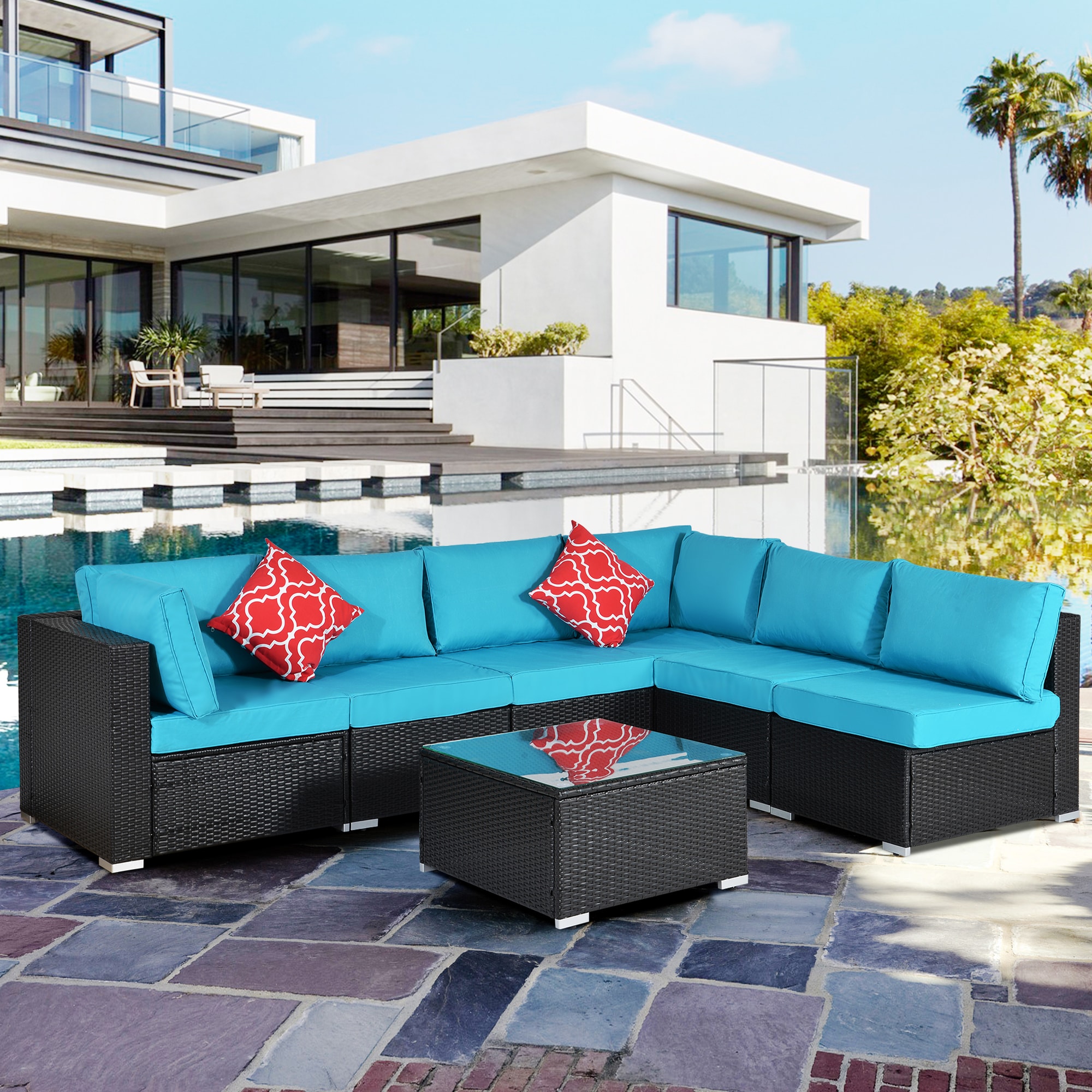 Clihome LHC-004-S-FRS001 7 -Piece Rattan Patio Conversation Set with Blue Cushions