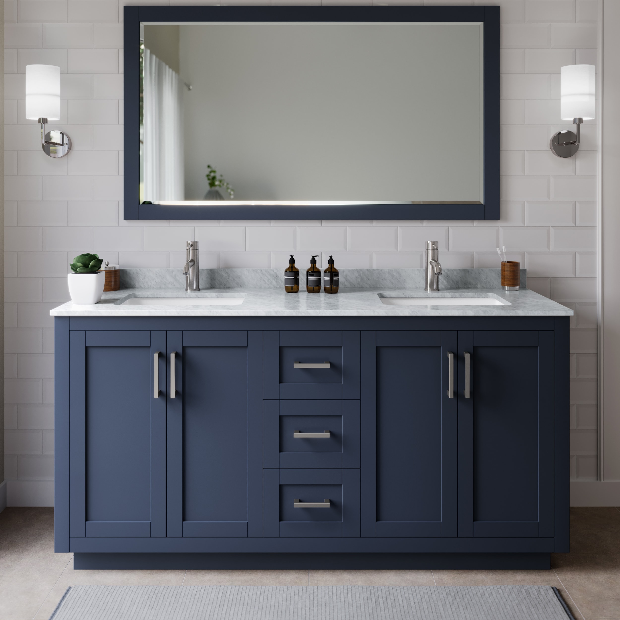 Wyndham Collection WCF292966DBNCMUNSMXX Miranda 66-in Dark Blue with Brushed Nickel Trim Undermount Double sink Bathroom Vanity with White Carrara Marble Marble Top