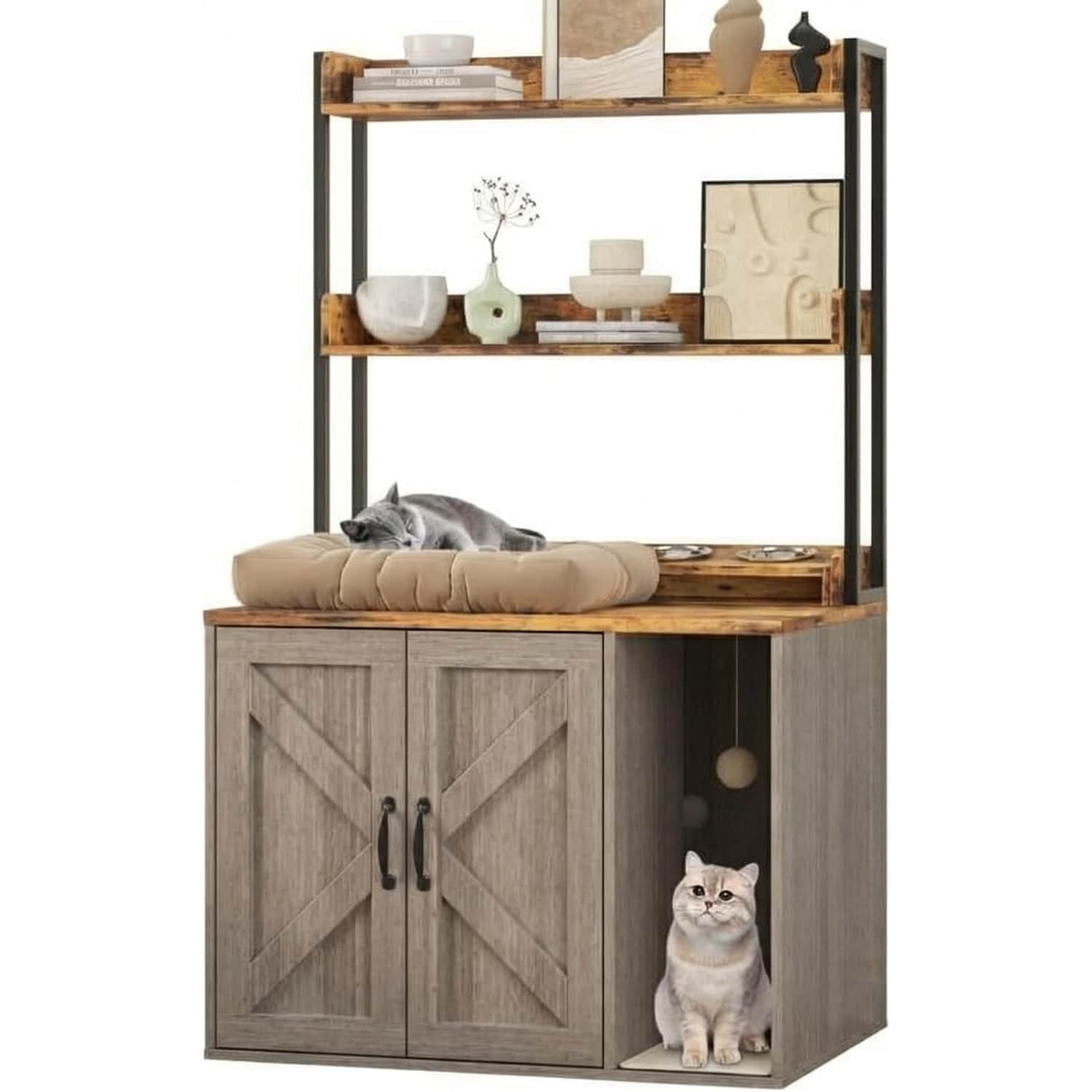 GAOMON - 55 inch H Cat Litter Box Enclosure Hidden Litter Box Furniture Wooden Cat House with 2 S...