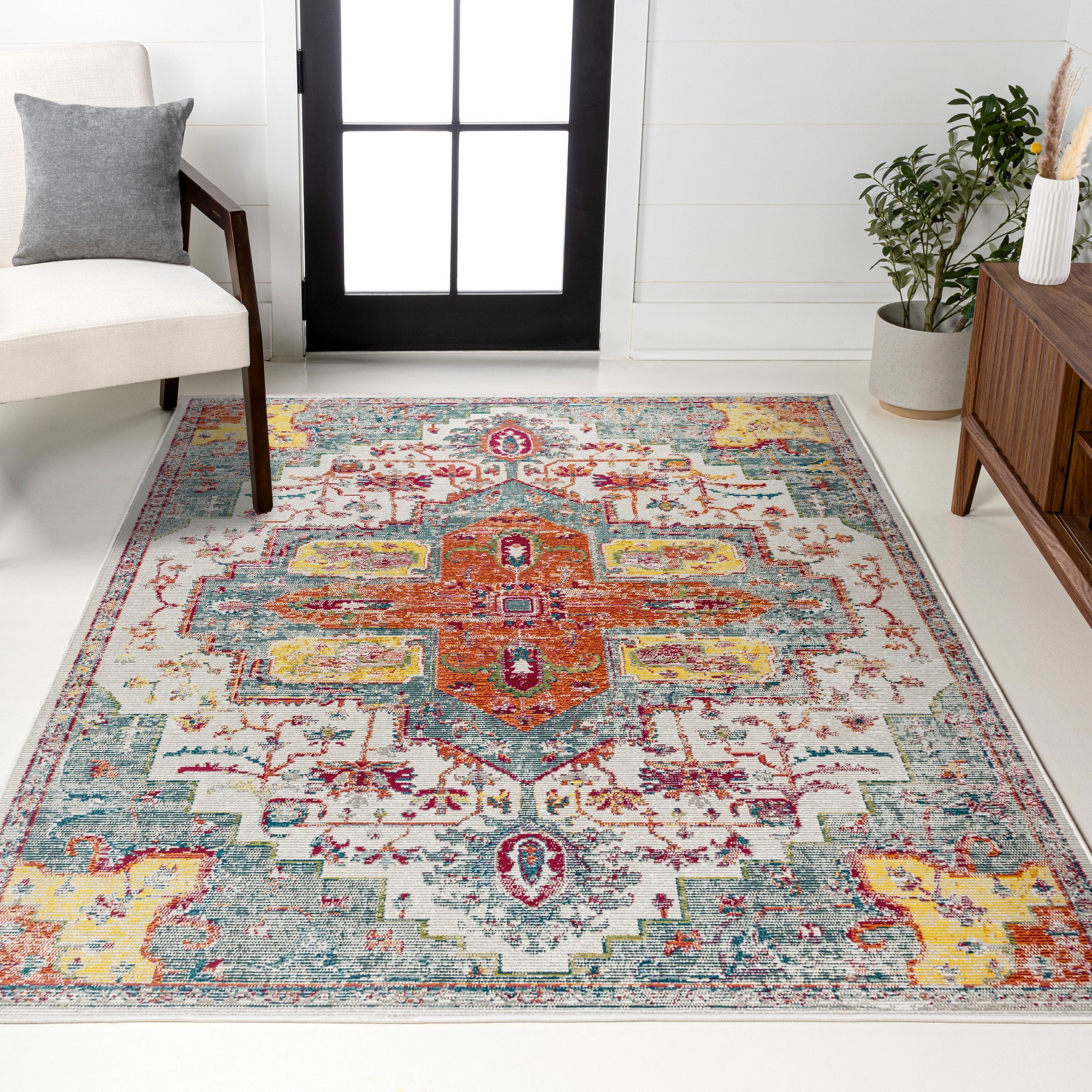 JONATHAN  Y CAV100A-4 California Vintage Zafra 4 x 6 (ft) Loomed Polypropylene Coral/Blue/Multi Rectangular Indoor Medallion Southwestern Area rug
