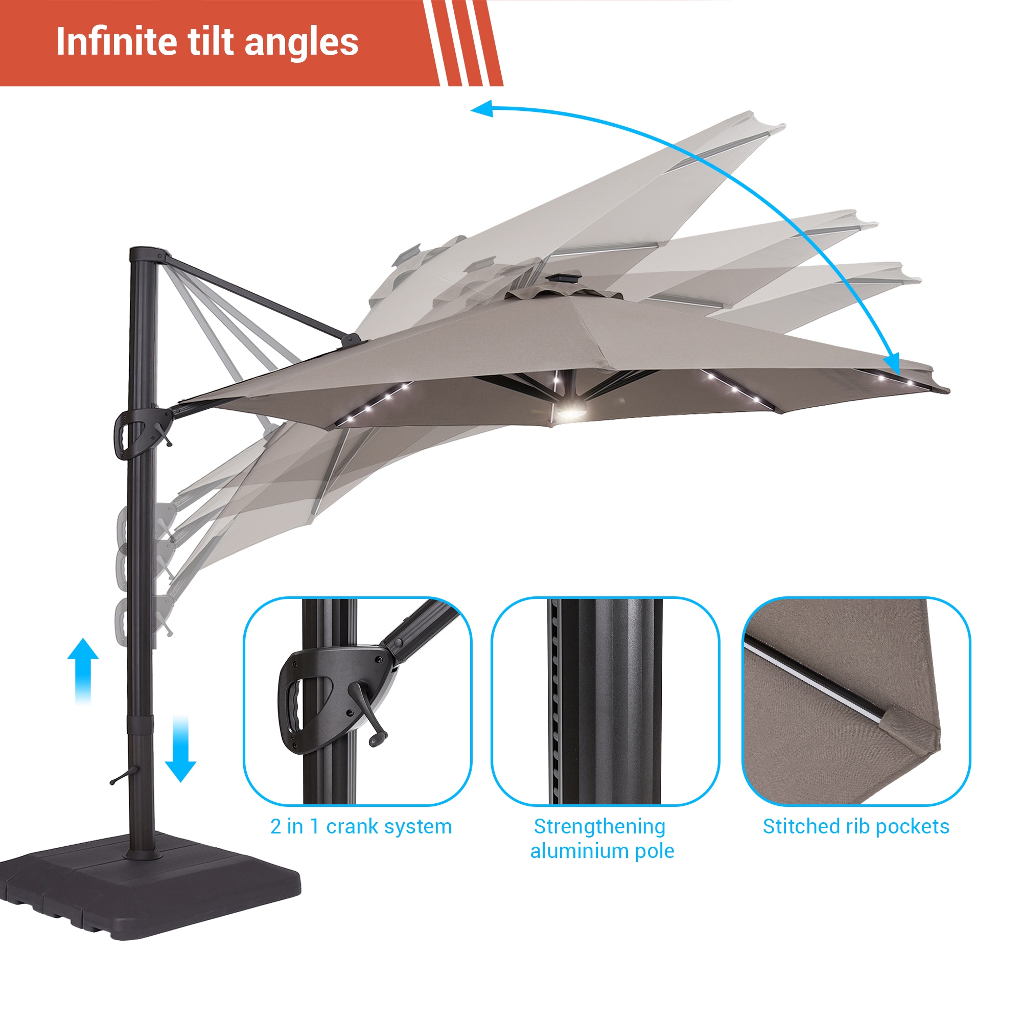 ACEGOSES 11-ft Aluminum Gray Cantilever Patio Umbrella with Lights and ...